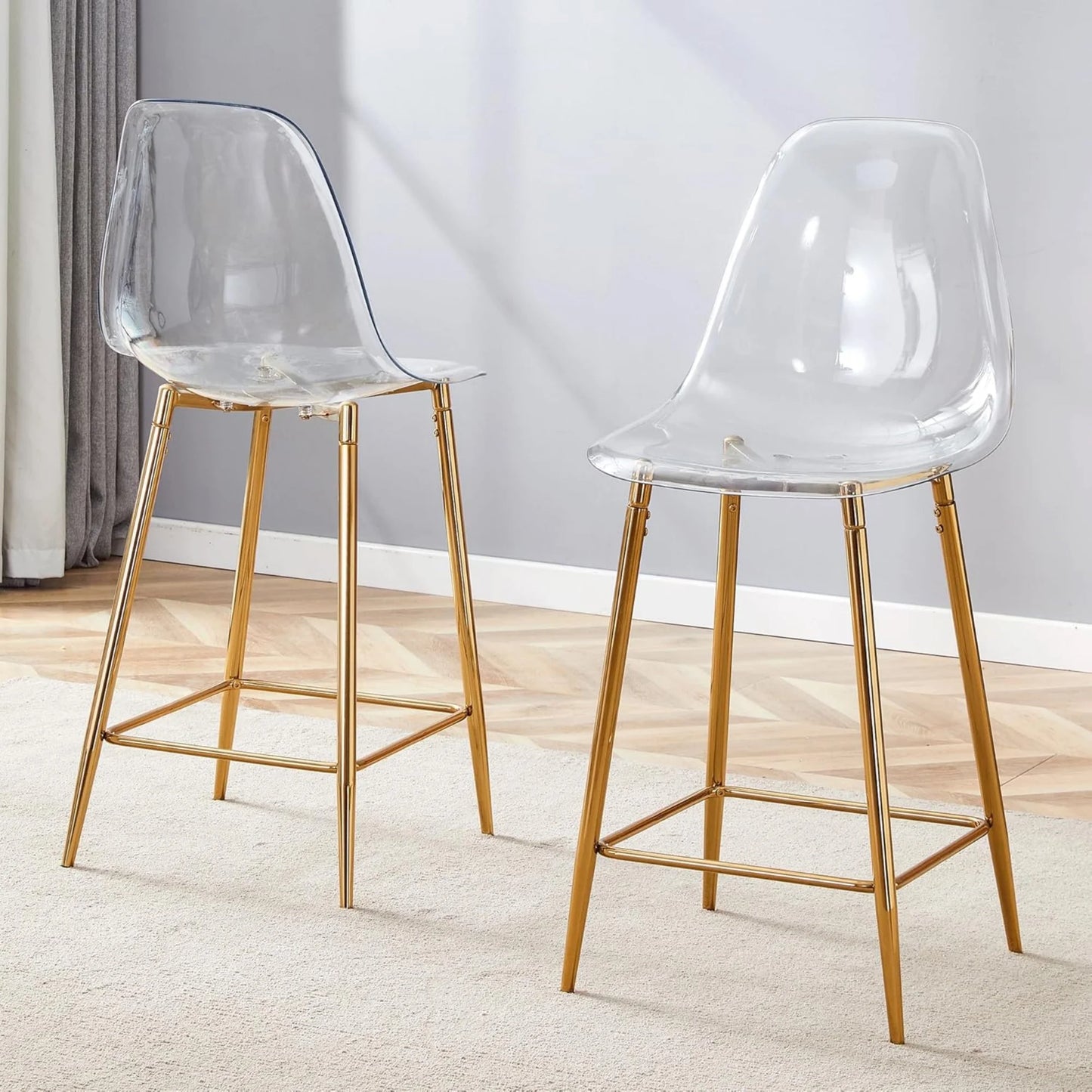 SUDICA Kitchen Island Bar Stools, Counter Height Set Of 2, Transparent PET Seats, Gold Legs, Indoor