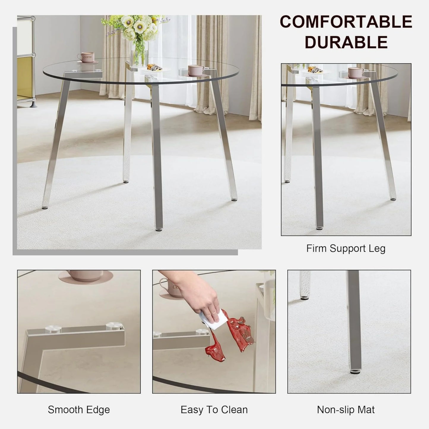 Sudica 42"Round Dining Table. Modern Minimalist Kitchen Table Glass with Metal Legs, for Kitchen, Dining Room, Silver