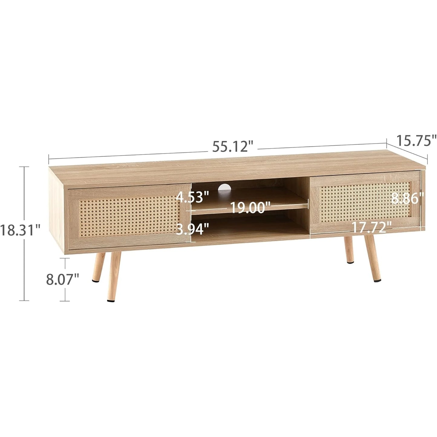 Rattan TV Stand for 65 Inch TV, Boho Entertainment Center with Adjustable Shelves & Metal Frame, Wood TV Media Console with Variable Light Strip for Living Room, White,Natural Wood