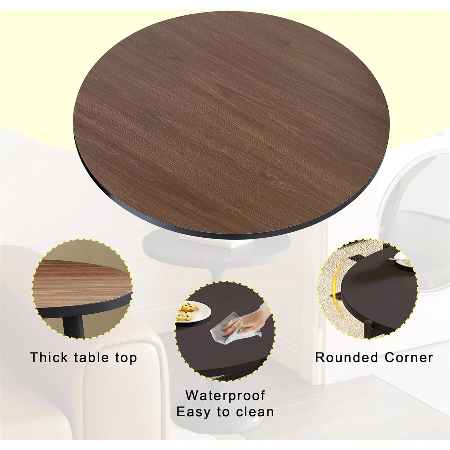 35.43" Round Table Top Wood - Walnut & Black Double Sided, Outdoor Dining Replacement for Restaurants, Cafes, Bars