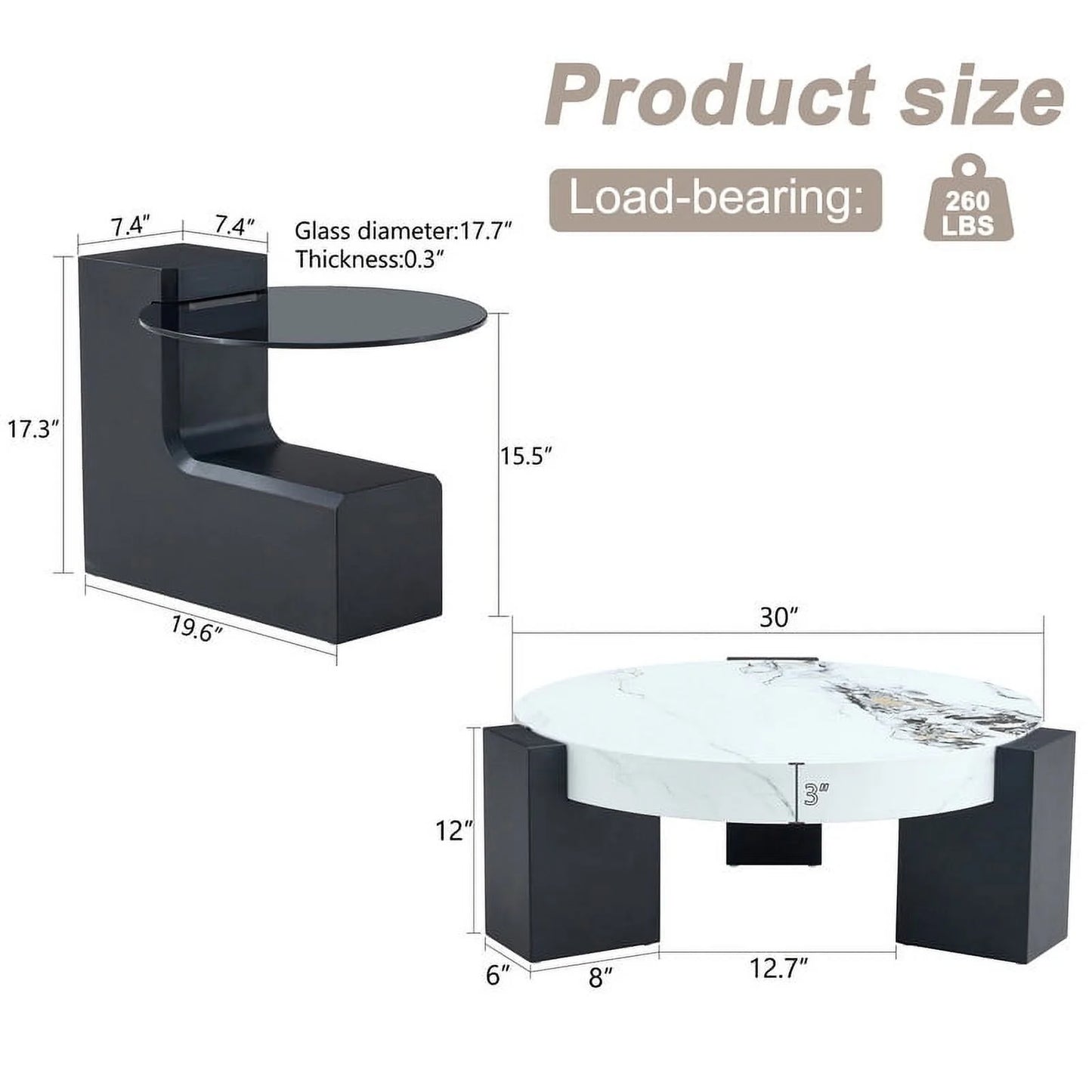 Sudica Detachable Double-decker Coffee Table,30" Round Tea Table with White Faux Marble Tabletop,Center Table for Living Room