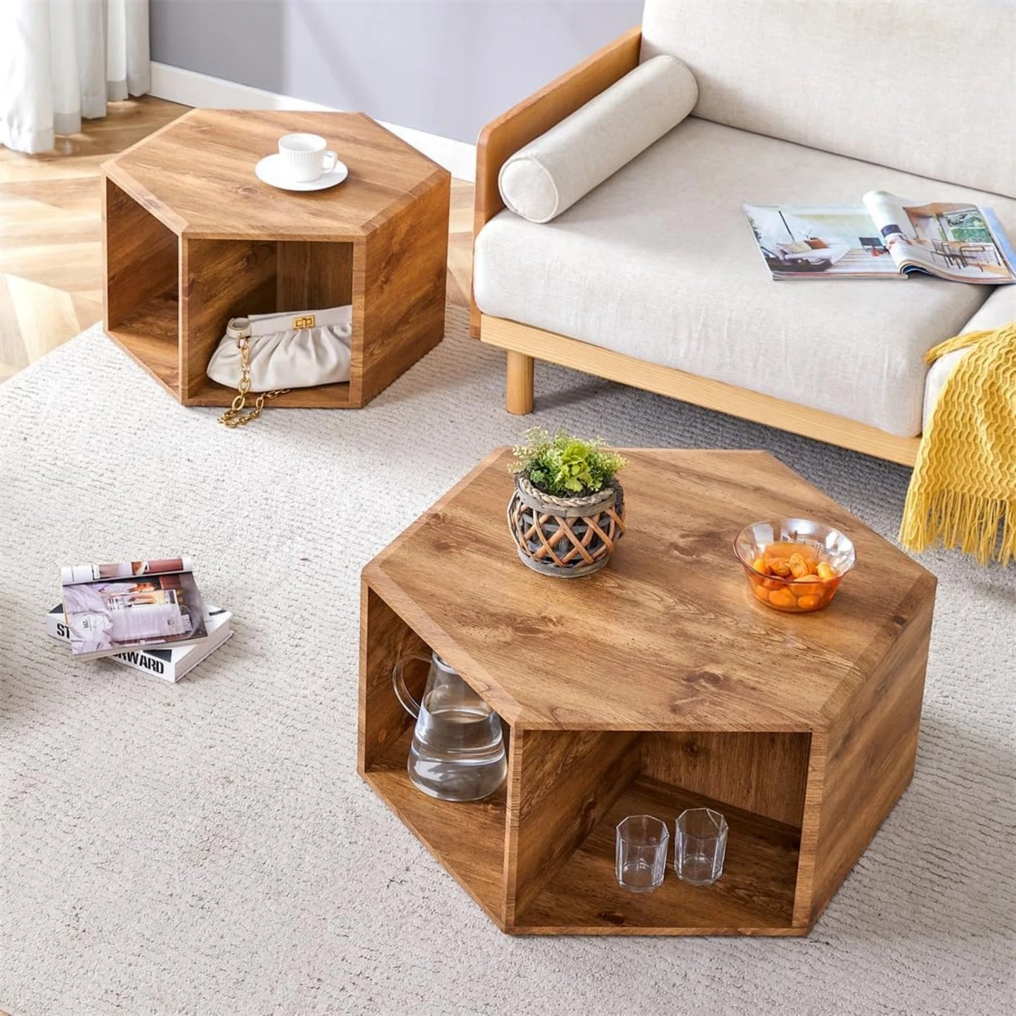 Faux Marble Coffee Table with Storage, Geometric Living Room Table