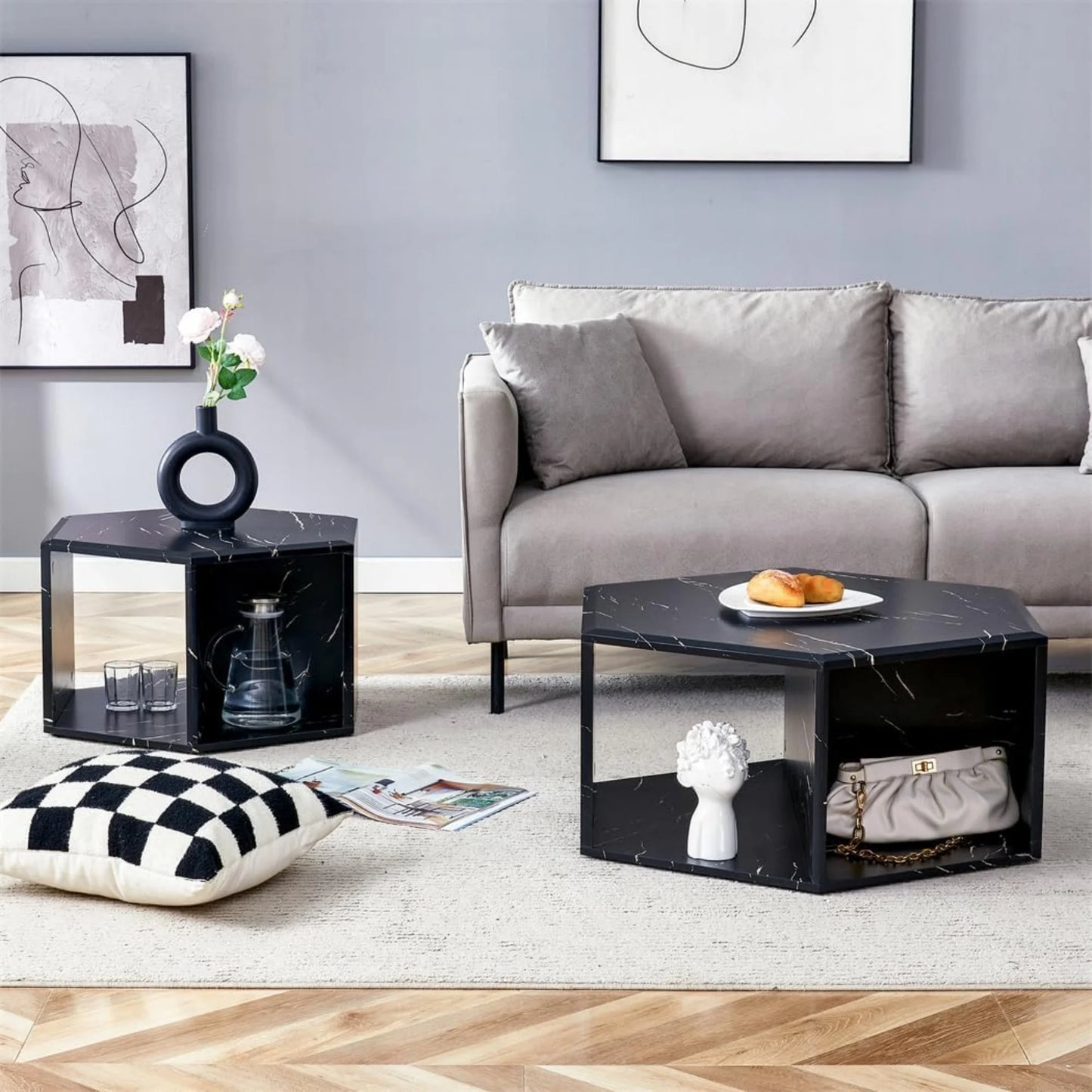 Faux Marble Coffee Table with Storage, Geometric Living Room Table