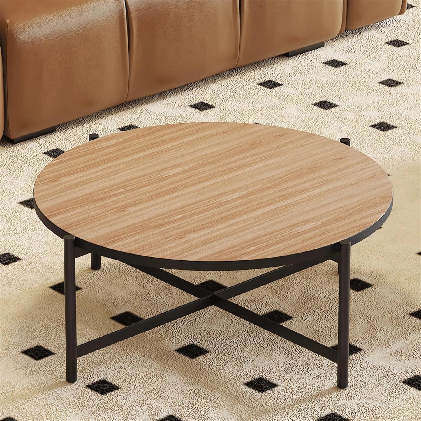 29.92" Round Table Top Wood - Walnut & Black Double Sided, Outdoor Dining Replacement for Restaurants, Cafes, Bars