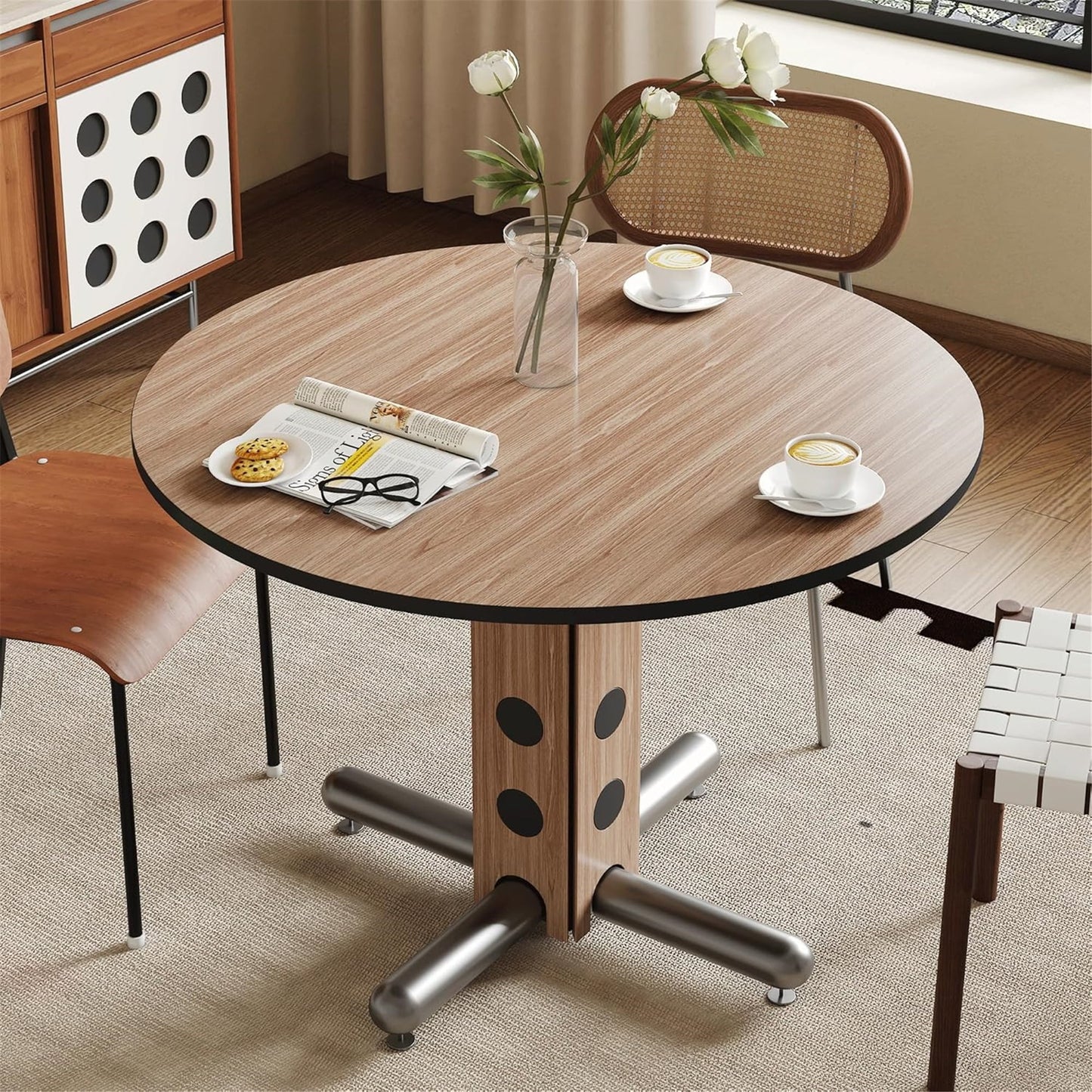42.13" Round Table Top Wood - Walnut & Black Double Sided, Outdoor Dining Replacement for Restaurants, Cafes, Bars