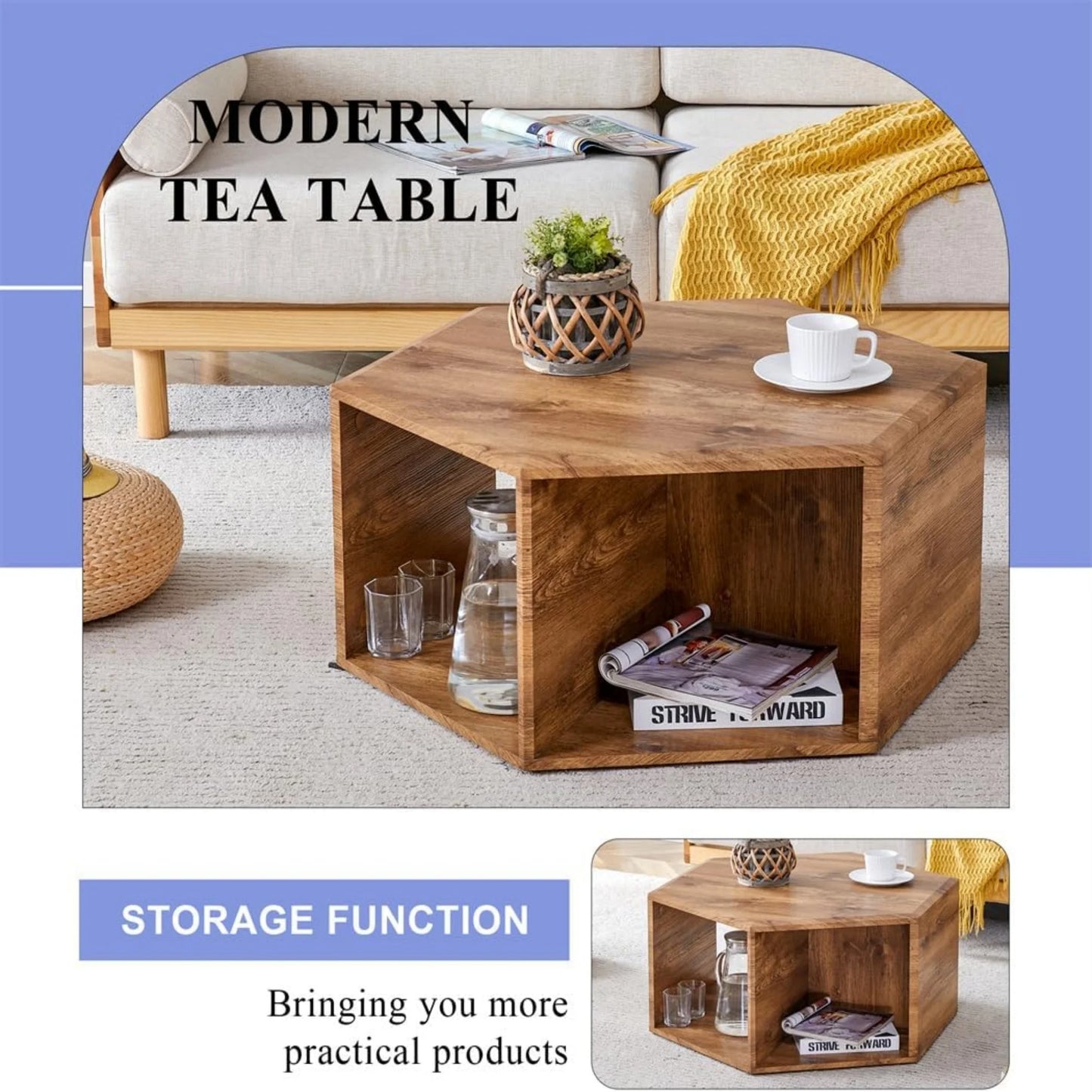 SUDICA Hexagon Wood Coffee Table, Dual-Use Storage Accent Table for Living Room or Corner