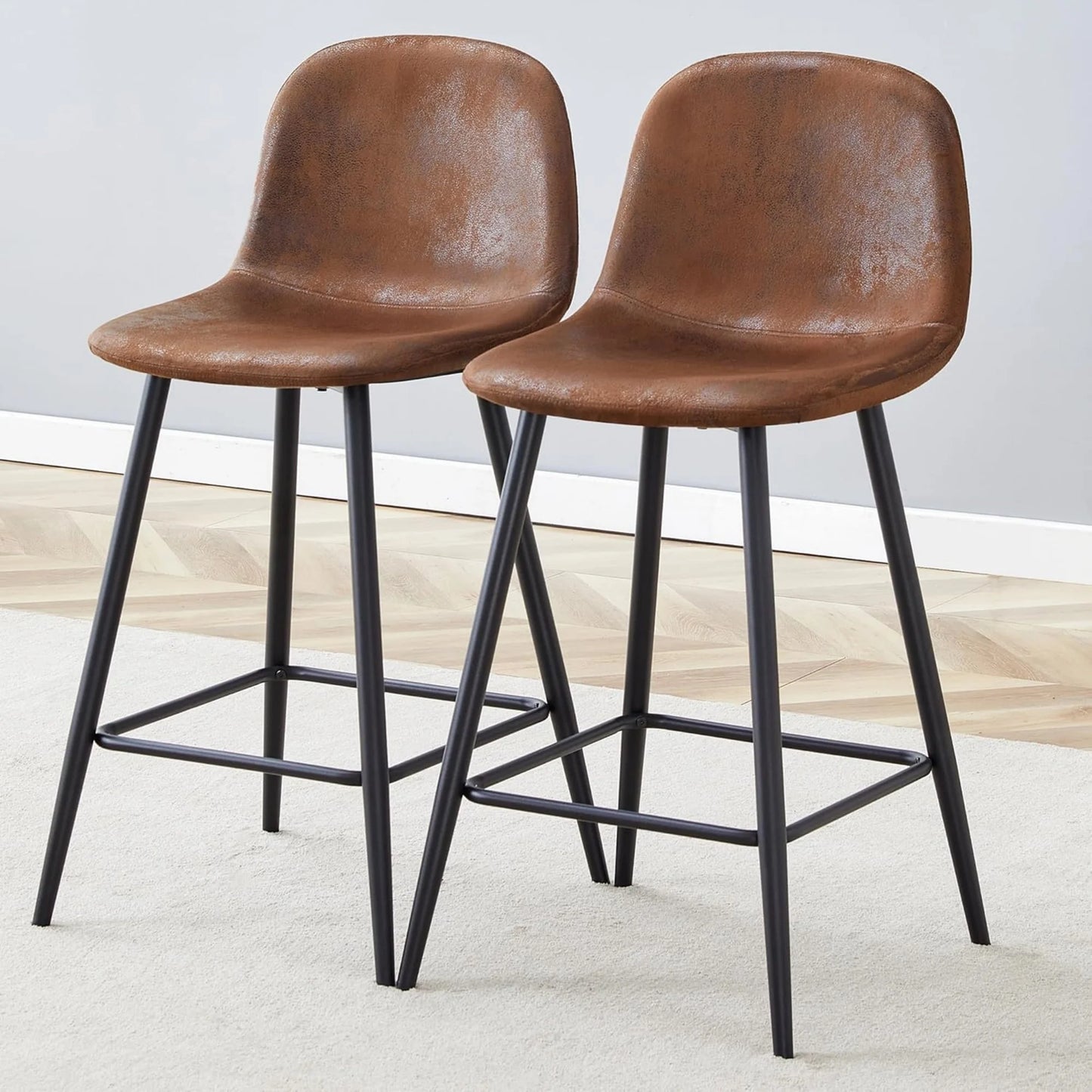 Bar stools Set of 2, Faux Suede Counter Height Bar Stools, Dining Room Chairs with Metal Legs & Soft Backrest, Easy to Assemble