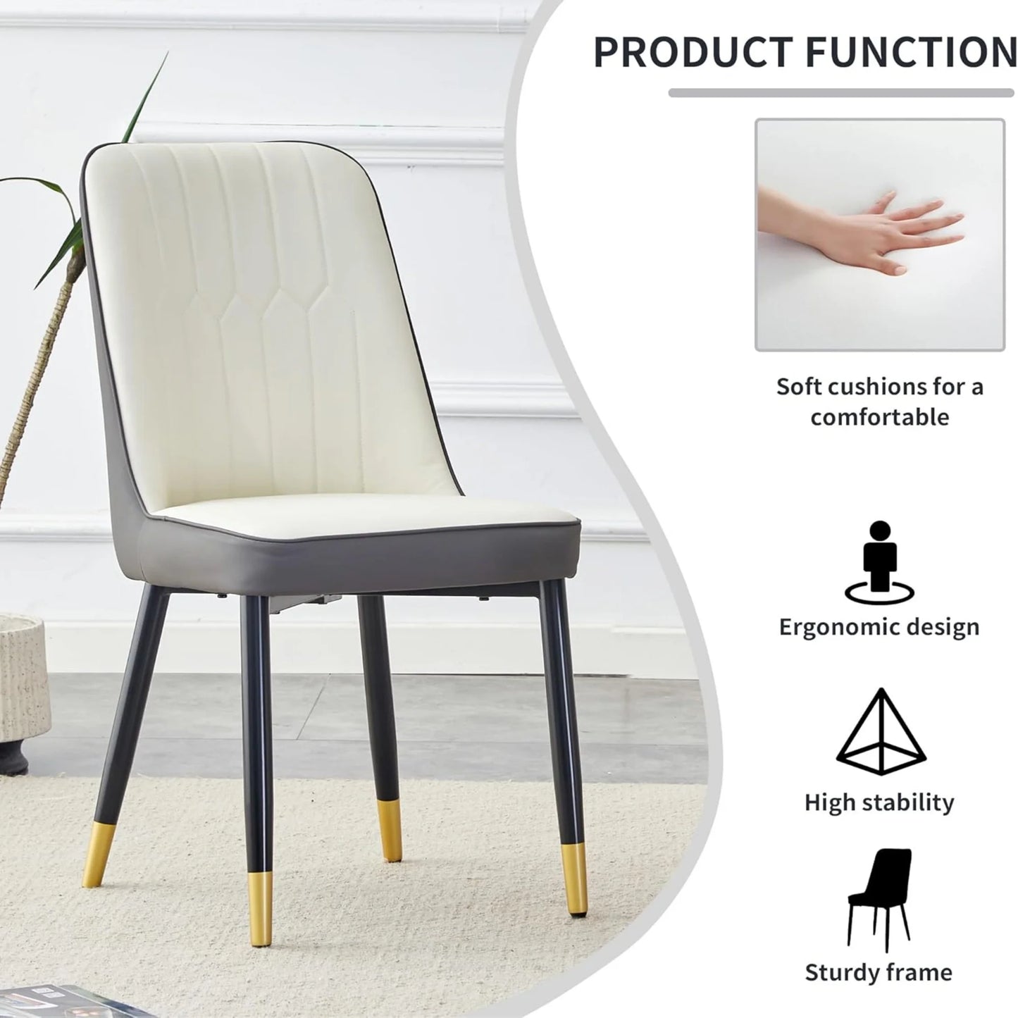 SUDICA 7 Piece Dining Set, Black Faux Marble Glass Table, White and Gray PU Chairs for Kitchen