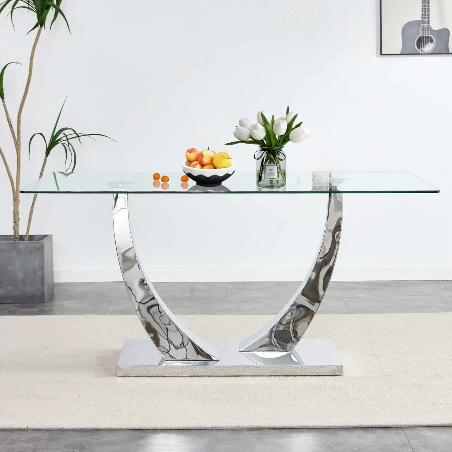 Silver Dining Table Set for 4,5PCS Glass Dining Room Table Set for 4, 63'' Rectangular Tempered Glass Top Kitchen Table Set and 4 Chairs for Dining Room Kitchen