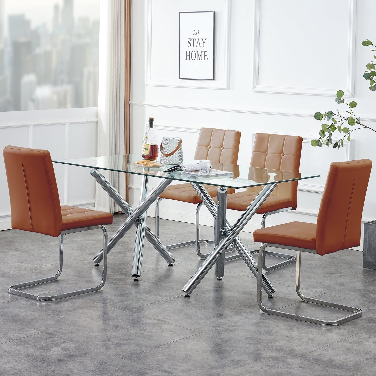 Upholstered Tufted Dining Chairs Set of 2 PU Leather Dining Room Chairs with Slat Back for Kitchen, Brown