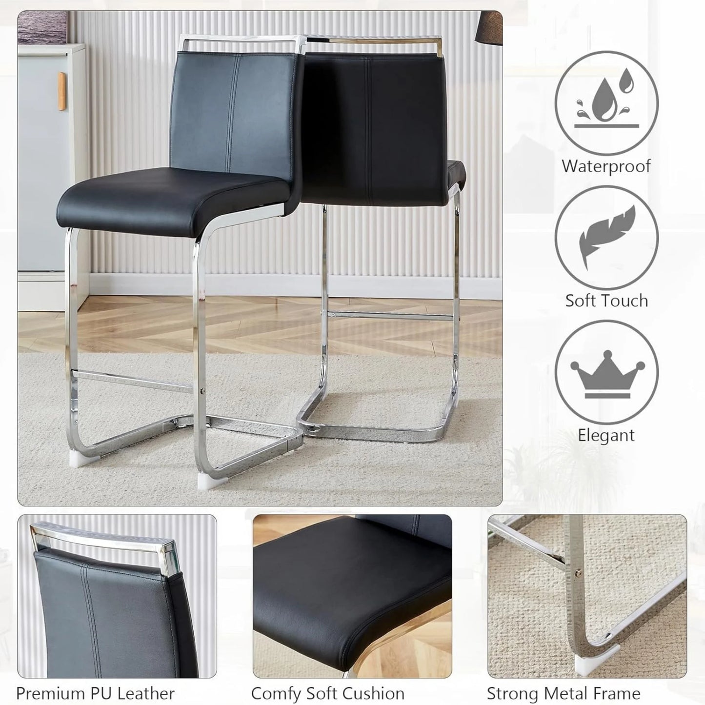 SUDICA Modern PU Leather Barstools and Upholstered with Metal Legs - Set of 2, Black