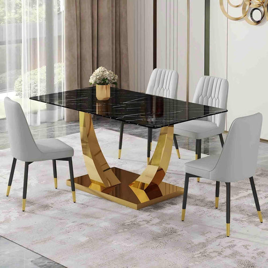 SUDICA Dining Table Set Black Glass Top Grey Faux Leather Chairs for Dinner Room, 5 Piece