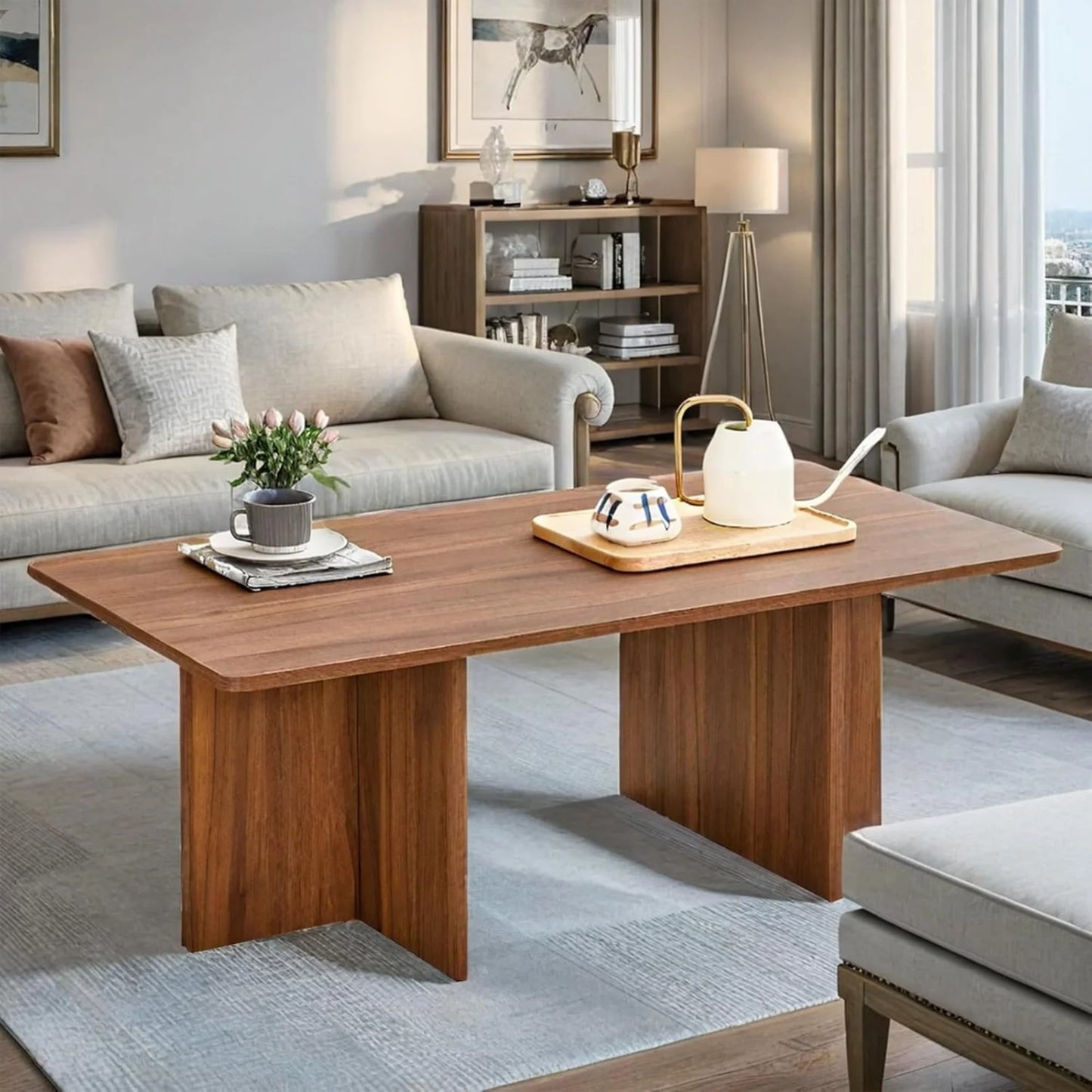 Sudica 44.8” Walnut Color Rectangle MDF Coffee Table,Wood Coffee Table with Stable Triangular Support for Living Room/Bedroom