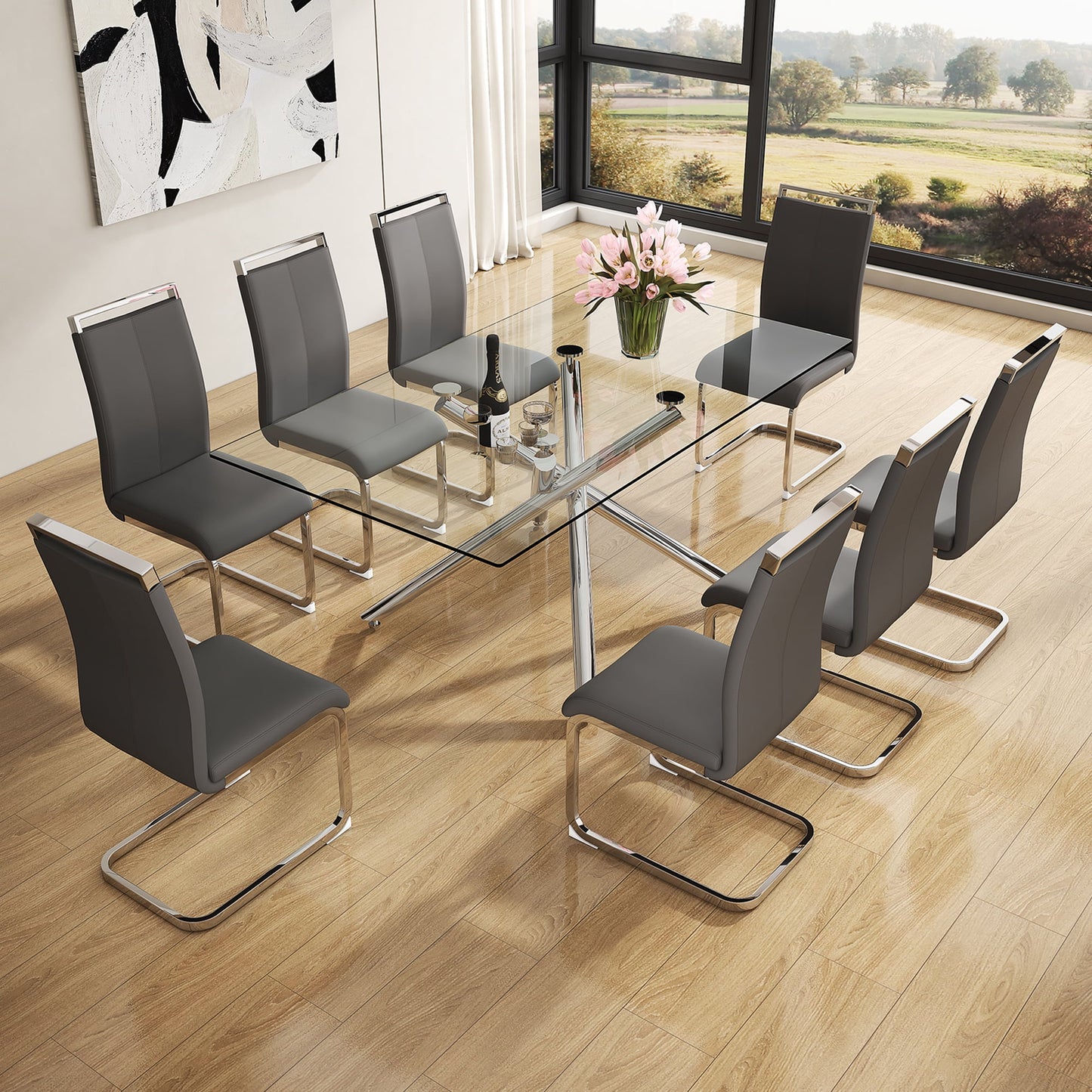 Sudica Glass Dining Table Set for 8, 71" Large Rectangular Kitchen Glass Dinner Table with Upholstered Silver Legs Dining Room Chairs, Gray