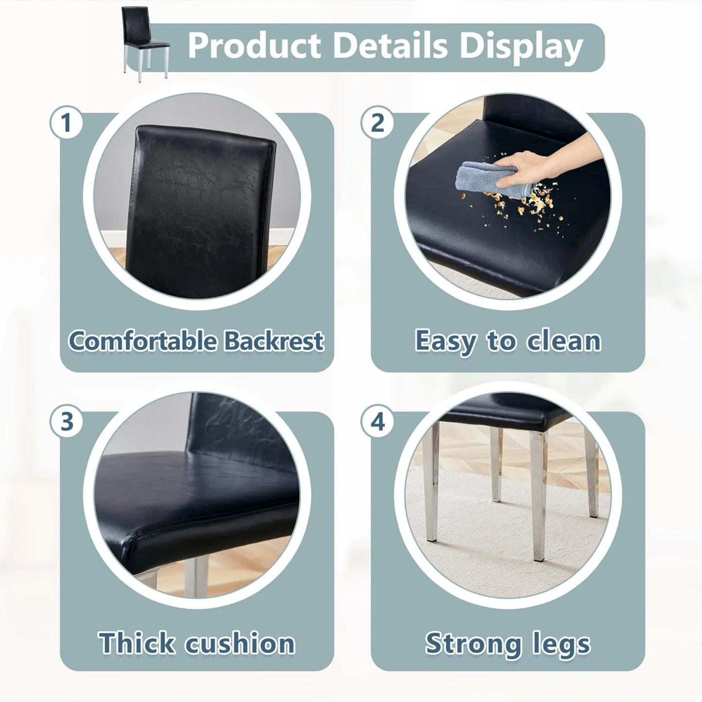 SUDICA Black Faux Leather Dining Chairs Set of 4, Silver Metal Legs for Kitchen & Dining Room