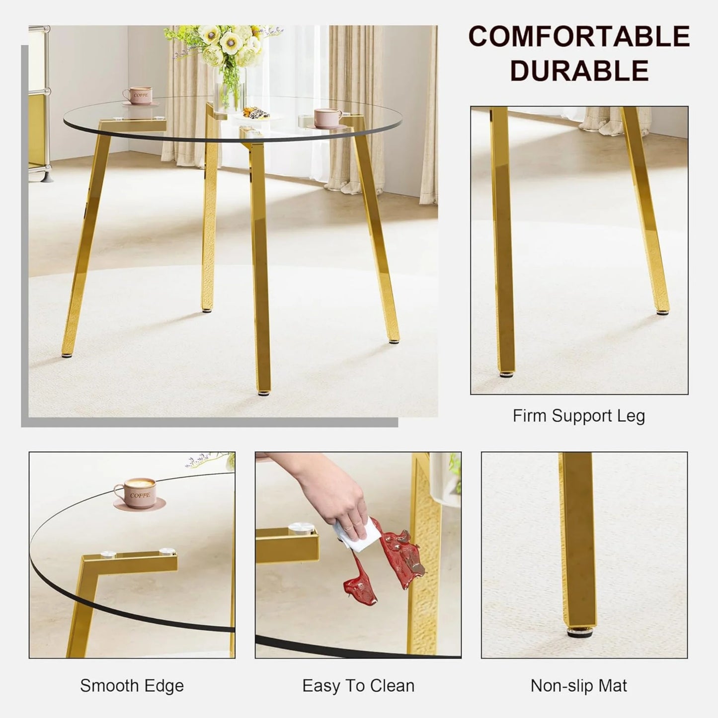 Sudica 42"Round Dining Table. Modern Minimalist Kitchen Table Glass with Metal Legs, for Kitchen, Dining Room, Golden