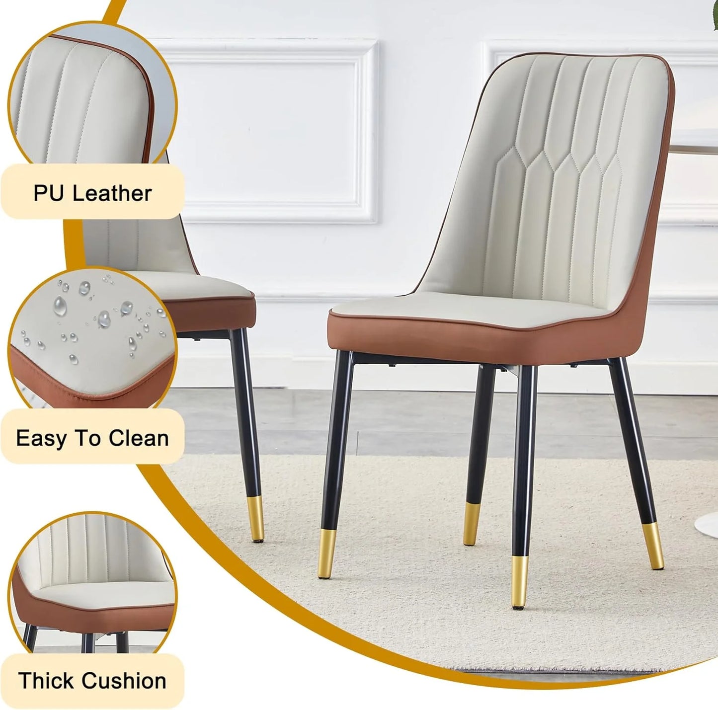 SUDICA Dining Table Set Black Glass Top Gold Base Faux Leather Chairs for Dinner Room, 5 Piece