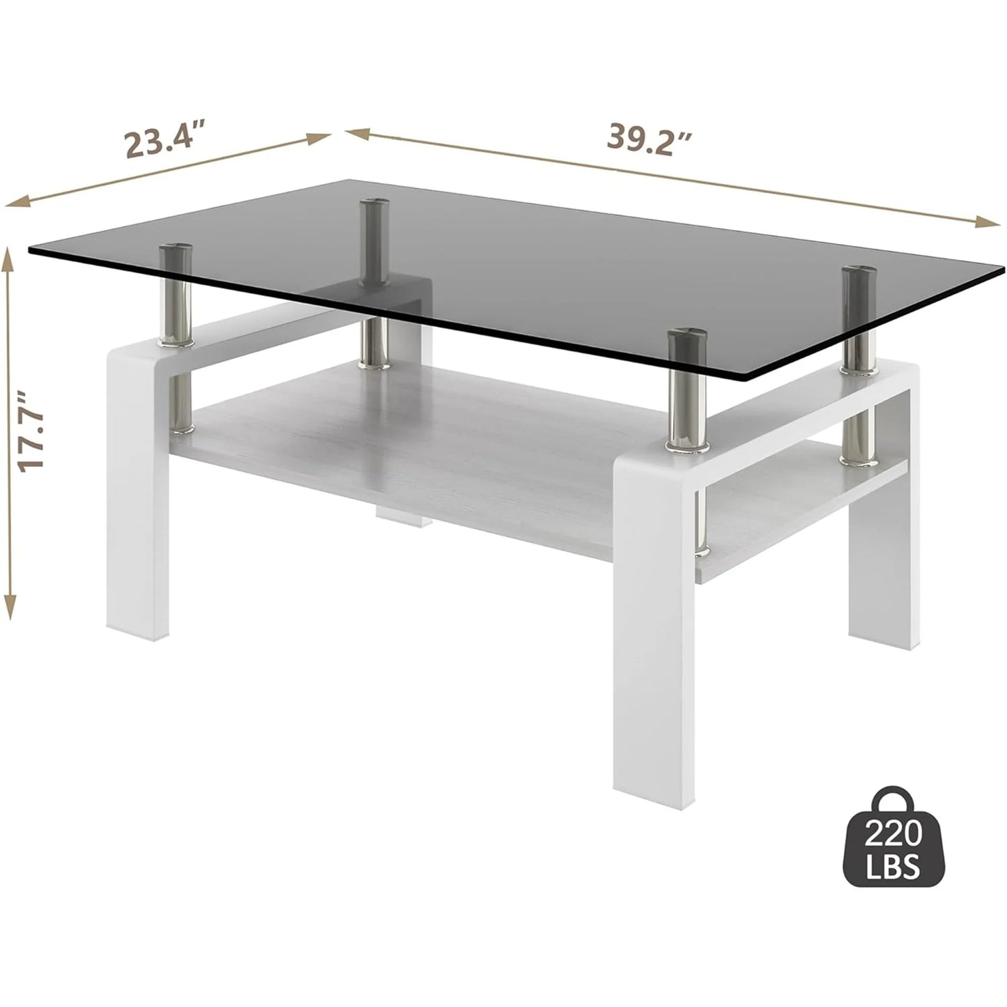 Glass Coffee Table Rectangle Living Room Center Table with Storage, Clear Tempered Glass Tabletop and Smoke Grey Leg,for Living Room and Office (Clear Smoke),Gray white