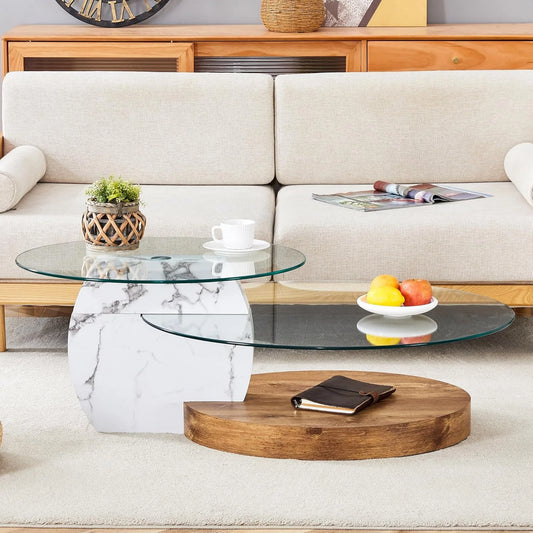 Sudica Modern Coffee Table with Double-layer Round Glass Tabletop,47" Tea Table with White and Wood Faux Marble Patterned Base,Center Table for Living Room