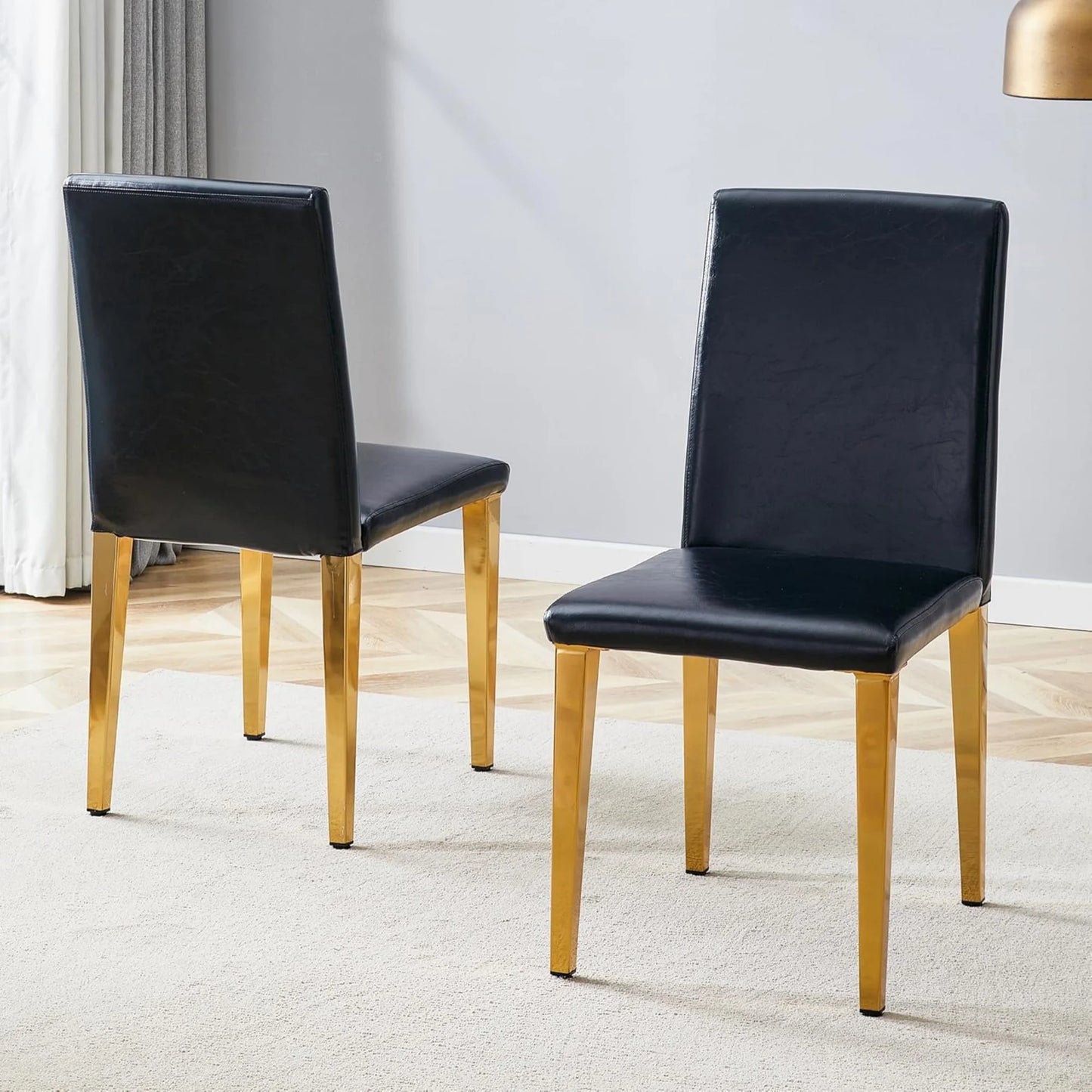SUDICA Modern Black Faux Leather Dining Chairs Set of 2, Gold Metal Legs for Kitchen
