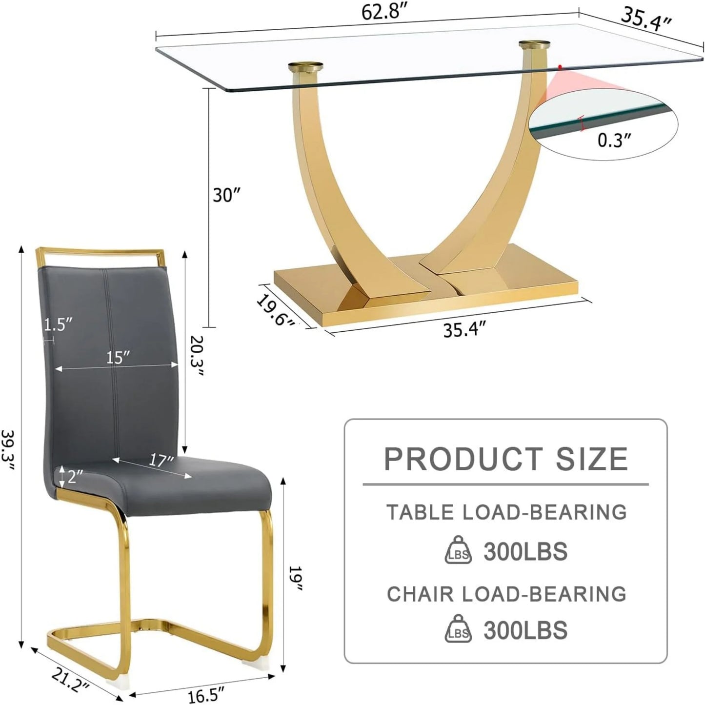 SUDICA 63" Glass Dining Table Set with PU Leather Chairs, Gold Base, for Dining Room, 7-Piece