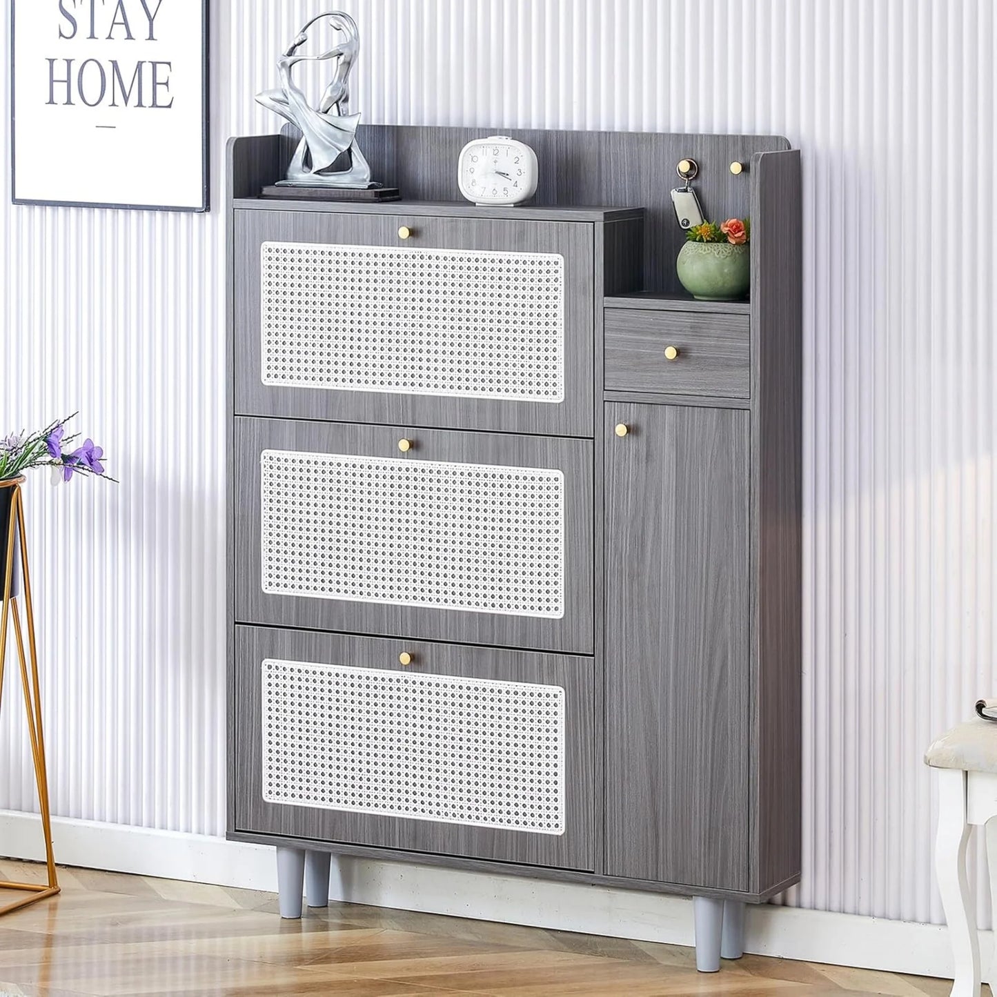 Sudica Rattan Shoe Cabinets with 3 Flip Drawers, Modern Minimalist Shoe Rack Storage Cabinet for Heels/Boots/Slippers,Hallway Entryway Free Standing Shoe Rack with 4 Drawers(Grey)