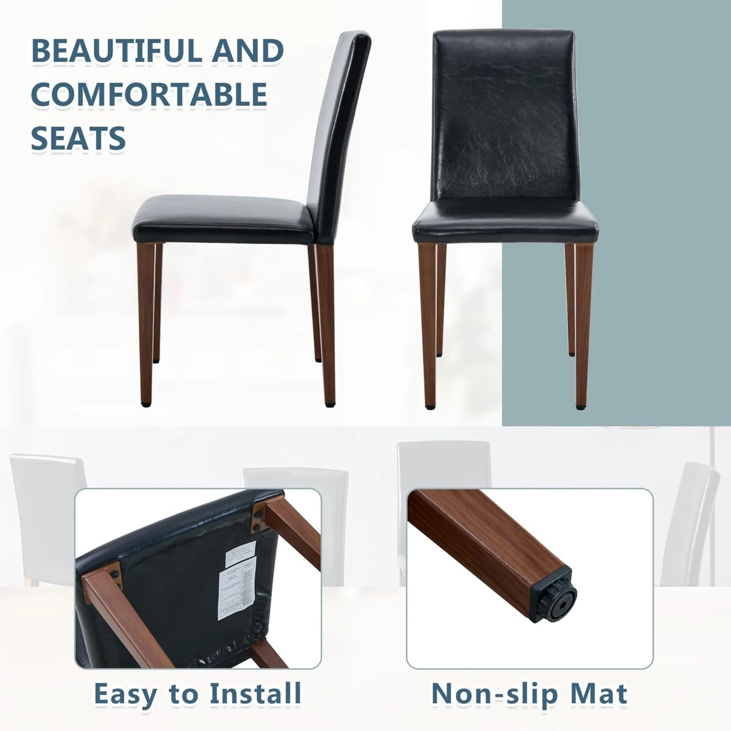 SUDICA Black Faux Leather Dining Chairs Set of 2, Walnut-Finish Metal Legs for Kitchen & Dining