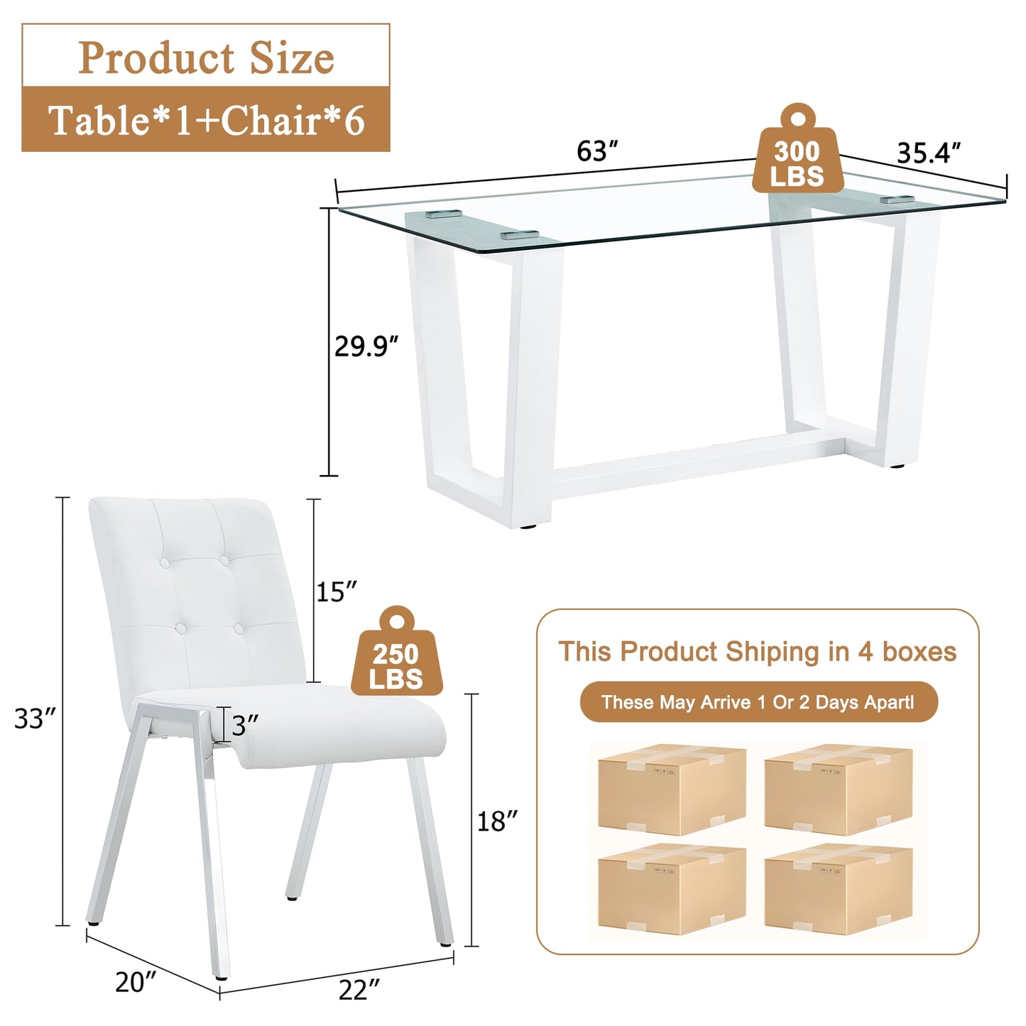 63" Glass Dining Table Set for 6, Sudica White Legs Kitchen Table Set with Upholstered Faux Leather Dining Room Chairs, White