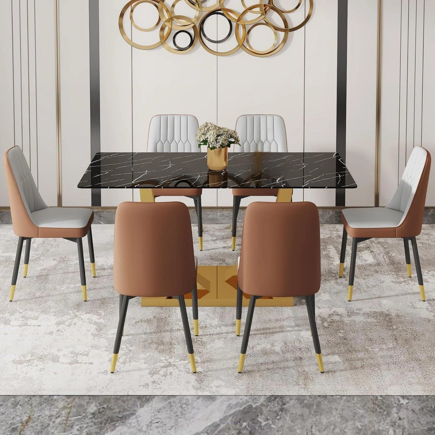 SUDICA 63" Glass Dining Table Set for 6, Gray-Brown PU Chairs, Gold Base for Villa Dining Room