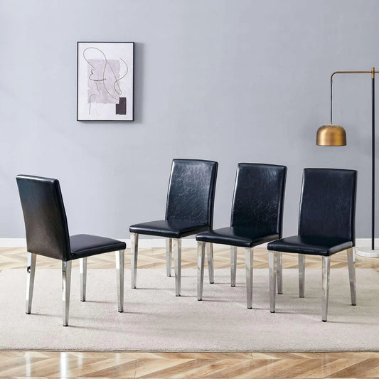 SUDICA Black Faux Leather Dining Chairs Set of 4, Silver Metal Legs for Kitchen & Dining Room
