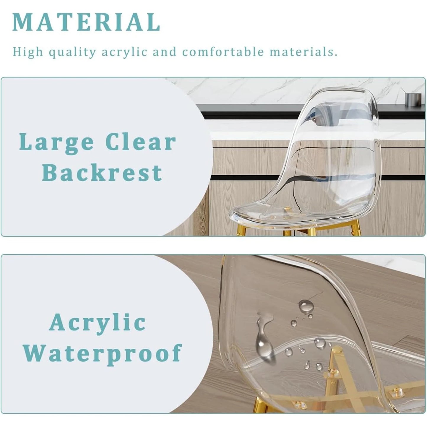 SUDICA Kitchen Island Bar Stools, Counter Height Set Of 2, Transparent PET Seats, Gold Legs, Indoor