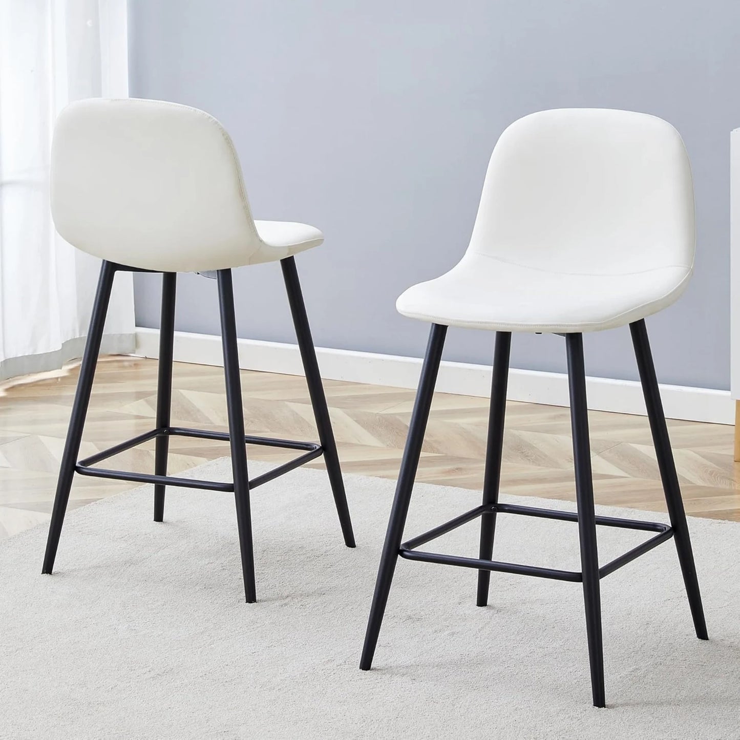 Bar stools Set of 2, Faux PU Leather Counter Height Bar Stools, Dining Room Chairs with Metal Legs & Soft Backrest, Easy to Assemble(White)