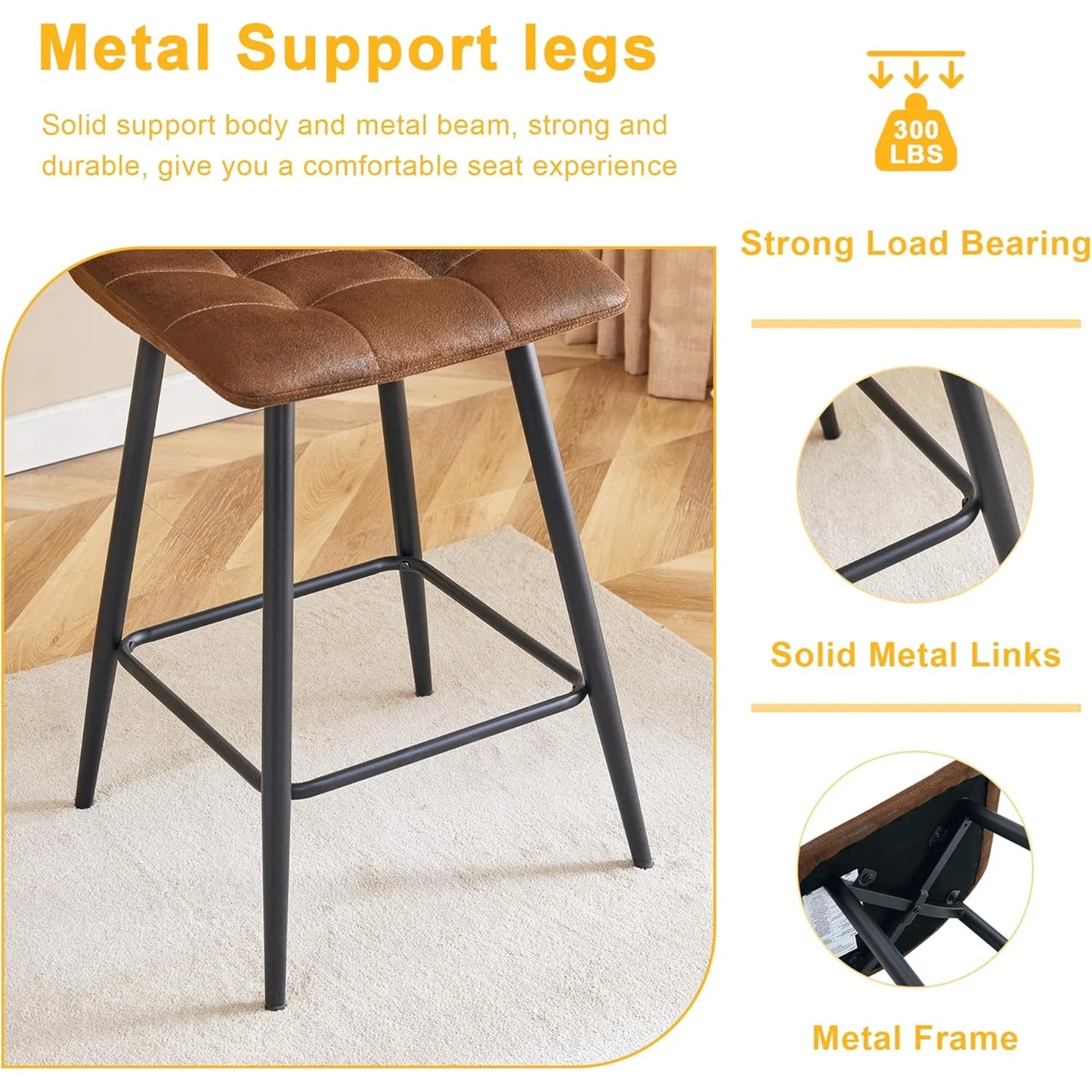 SUDICA 24.4" Counter Height Bar Stools, Brown PU Leather, Metal Legs, Set of 2