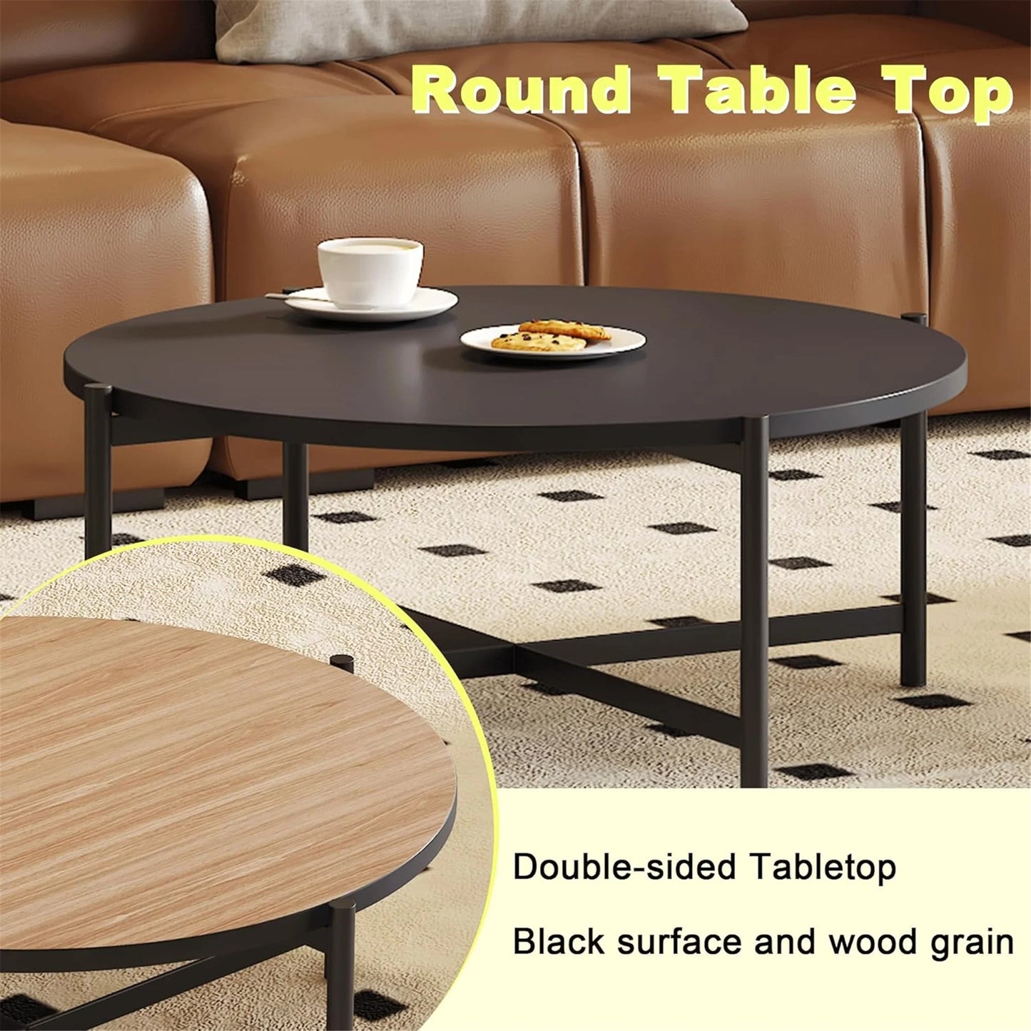 35.43" Round Table Top Wood - Walnut & Black Double Sided, Outdoor Dining Replacement for Restaurants, Cafes, Bars