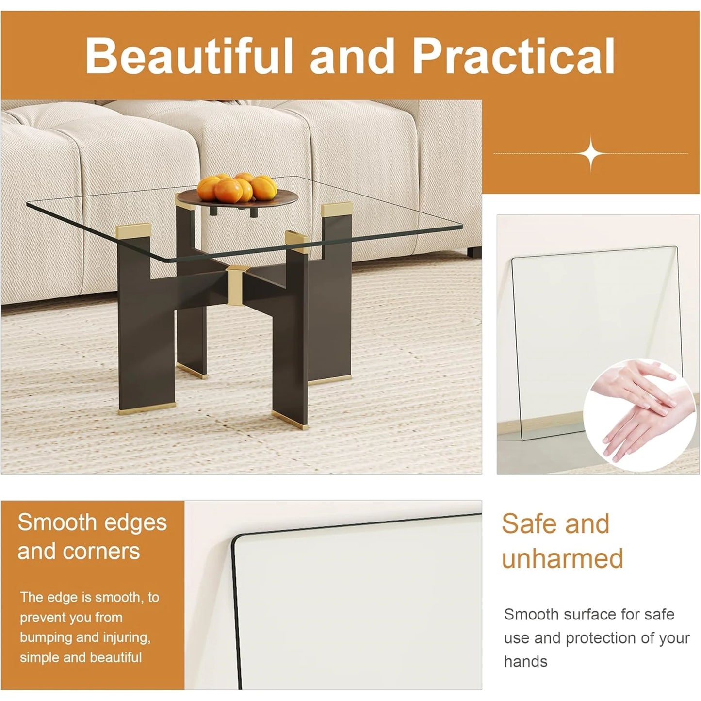36x36 Inch Square Tempered Glass Table Top, 0.23 Inch Thick Clear Rectangle Tabletop with 6 Anti-Slip Rubber Rings, Replacement for Dining, Kitchen, Patio & Coffee Table