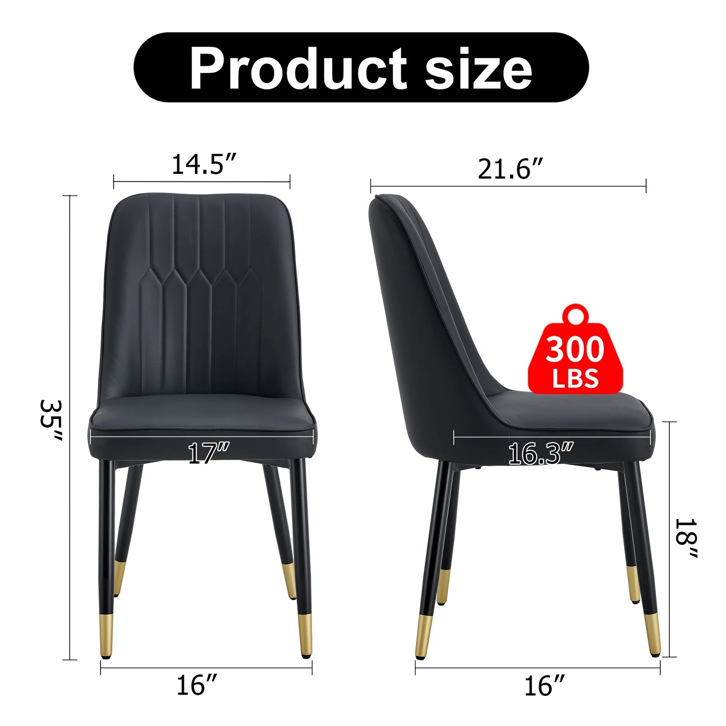 SUDICA Modern Upholstered Dining Chairs Set of 2, Black PU Leather Seats with Gold-Tipped Metal Legs for Kitchen and Dining Room