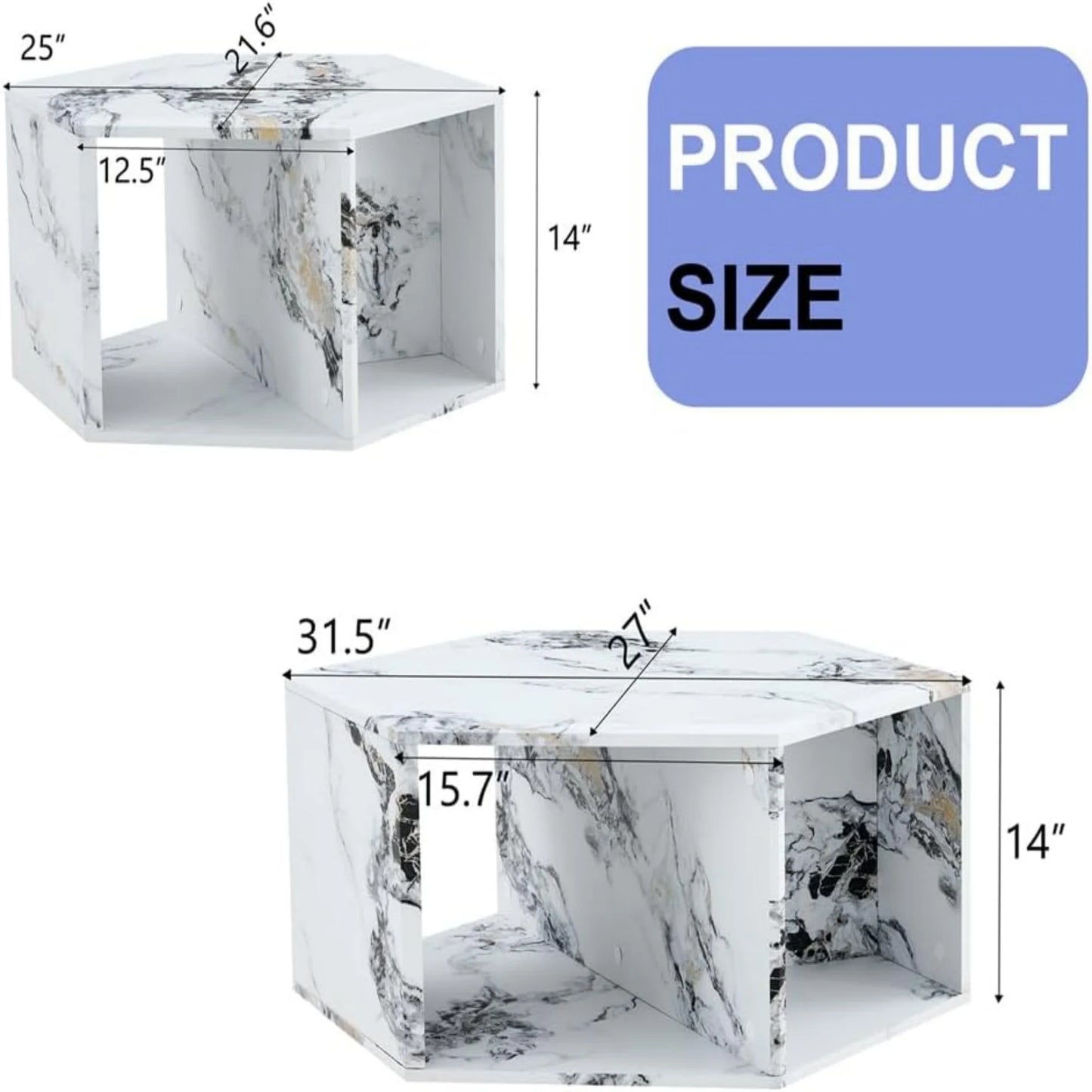 Faux Marble Coffee Table with Storage, Geometric Living Room Table