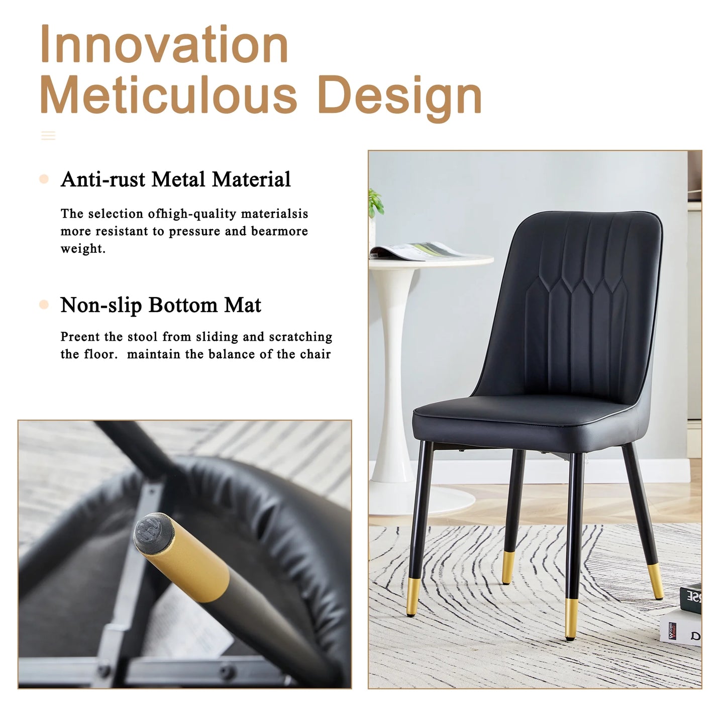 Sudica Modern Dining Chairs Set of 4, Upholstered Kitchen PU Leather Metal Legs Chairs for Dining Room,Black