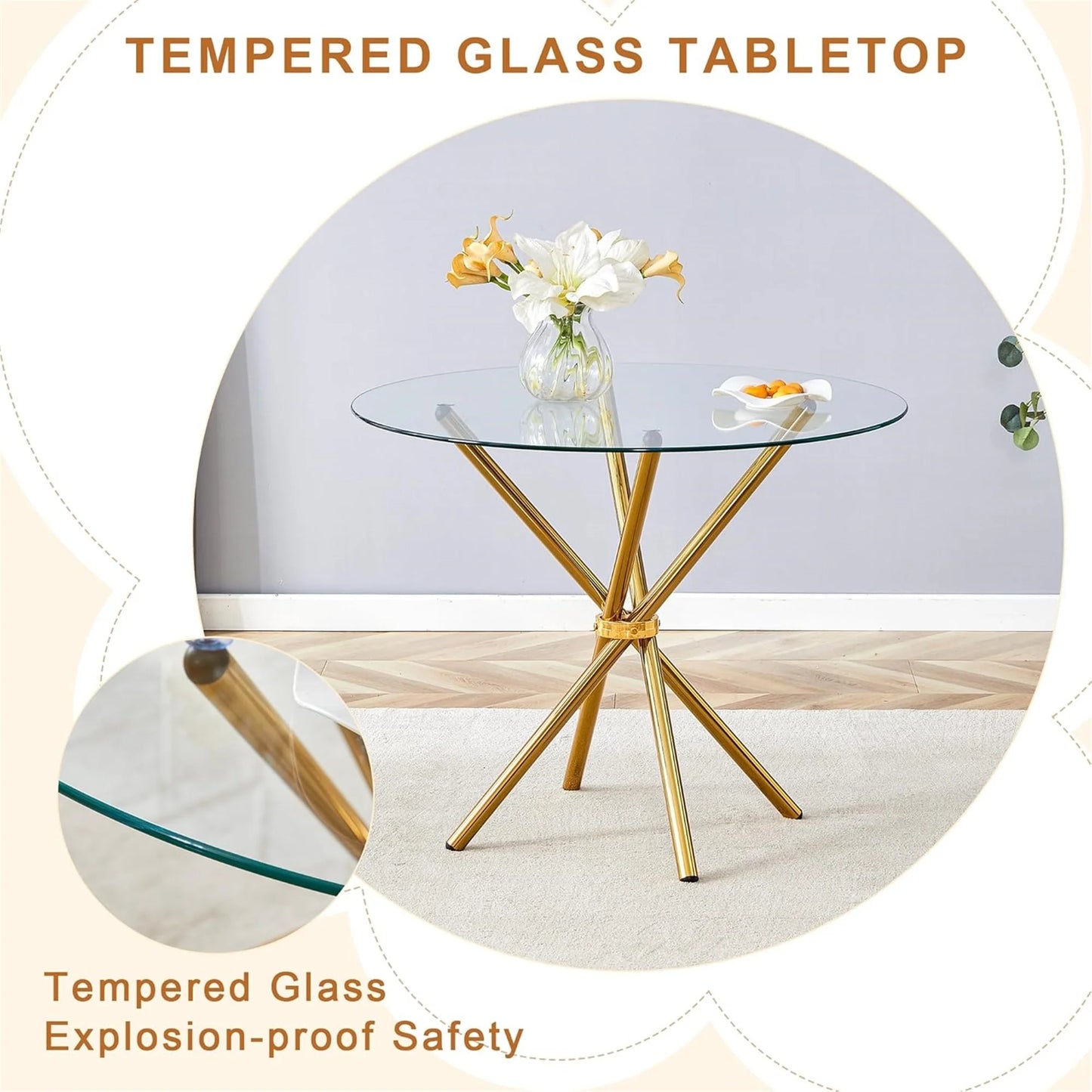 36" Glass Dining Table Set for 4, 5-Piece Round Kitchen Table with Ring-Shaped Metal Legs and 4 Upholstered Chairs, Glass Kitchen Table and Chairs Set (Black-Gold)