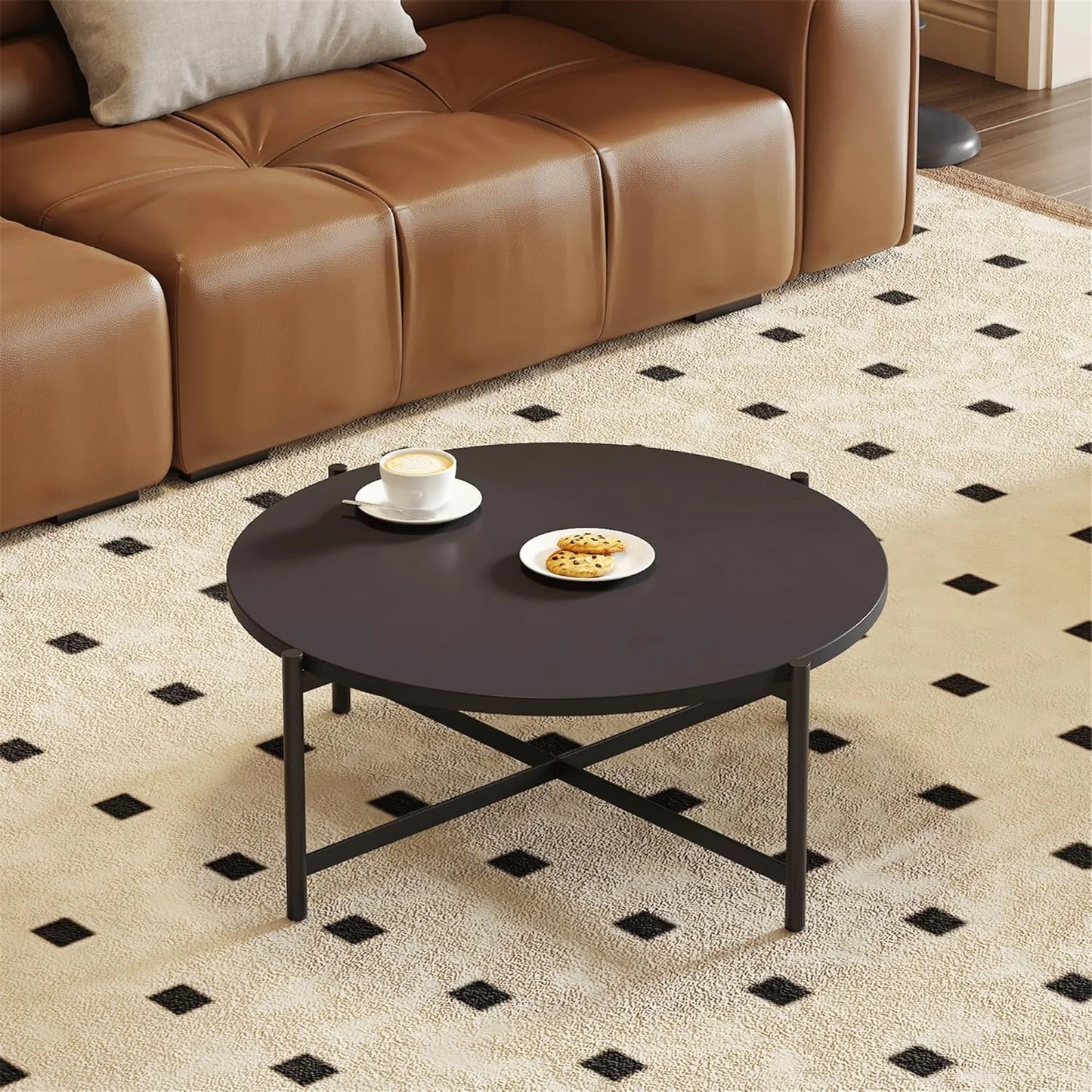 29.92" Round Table Top Wood - Walnut & Black Double Sided, Outdoor Dining Replacement for Restaurants, Cafes, Bars
