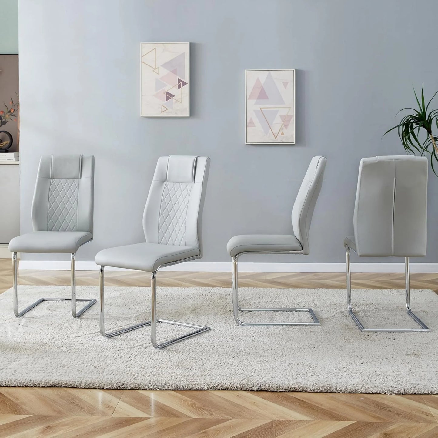 Sudica Upholstered Dining Chairs Set of 6 PU Leather Dining Room Chair with Silver Metal Legs，Light Gray