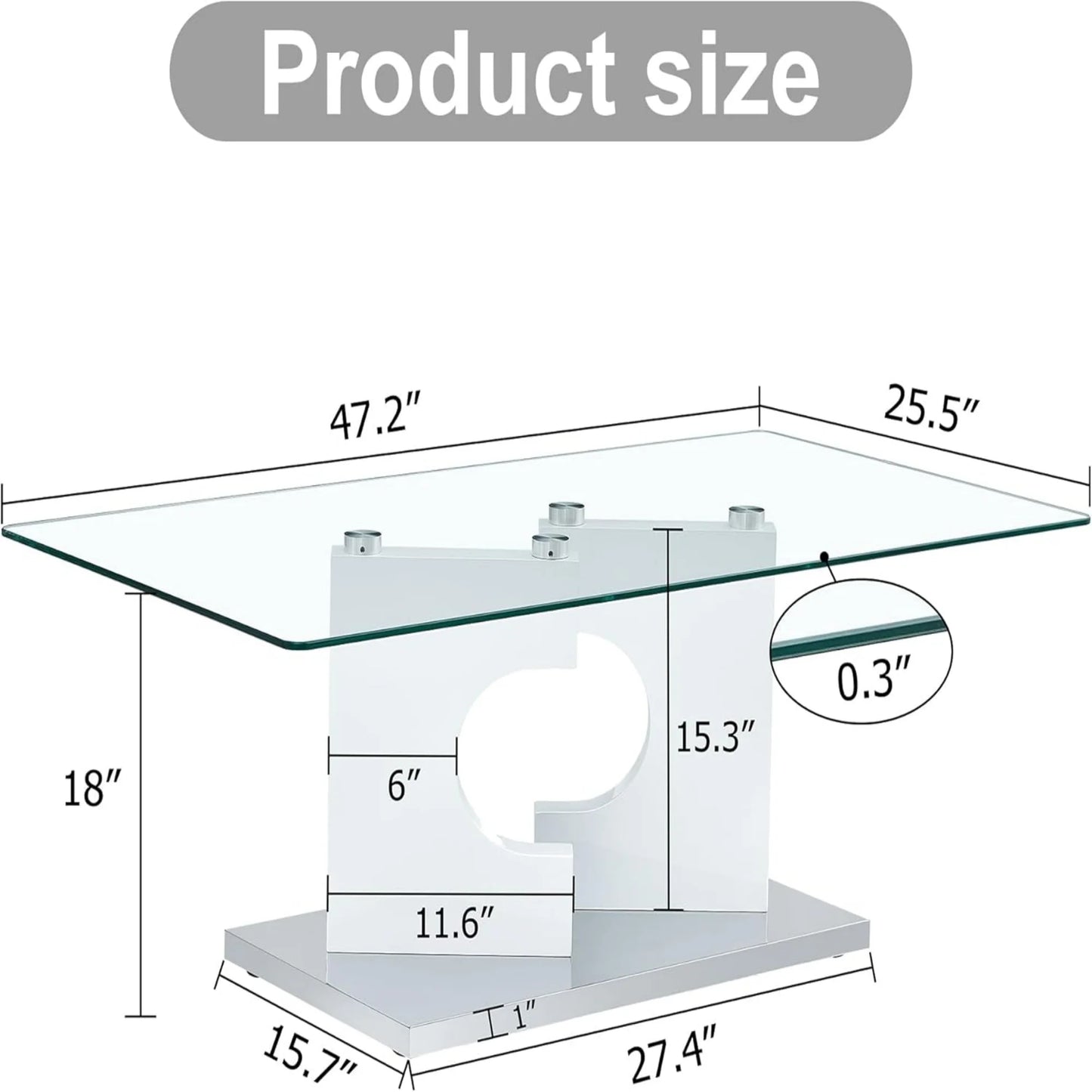 Sudica Glass Rectangular Coffee Table, 47" Modern Tea Table with Tempered Glass Tabletop and White Legs for Living Room.