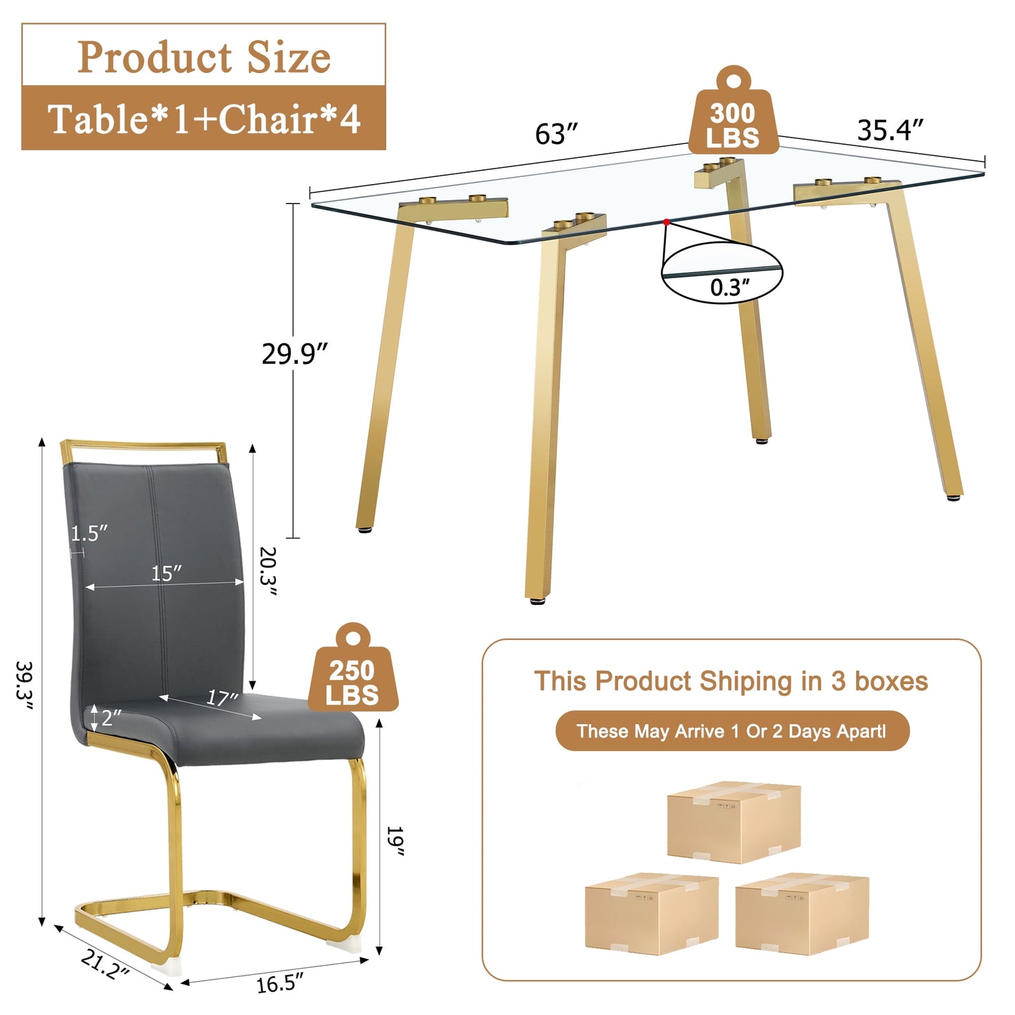 63" Large Glass Dining Table Set for 4, Sudica Gold Legs Kitchen Table with Faux Leather Dining Chairs,Gray