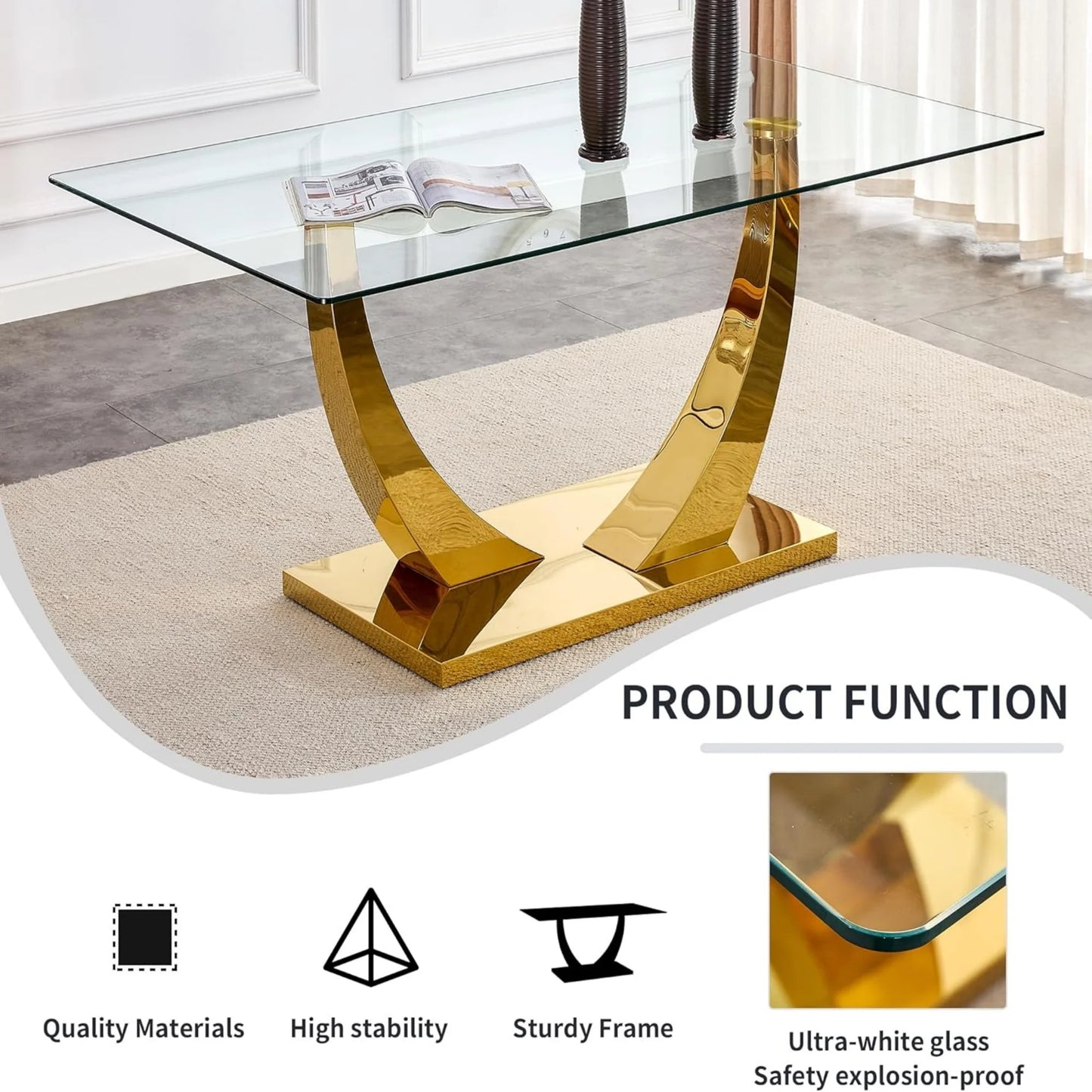 SUDICA Glass Dining Table Set with Black PU Chairs for Dining Room, 5 Pieces