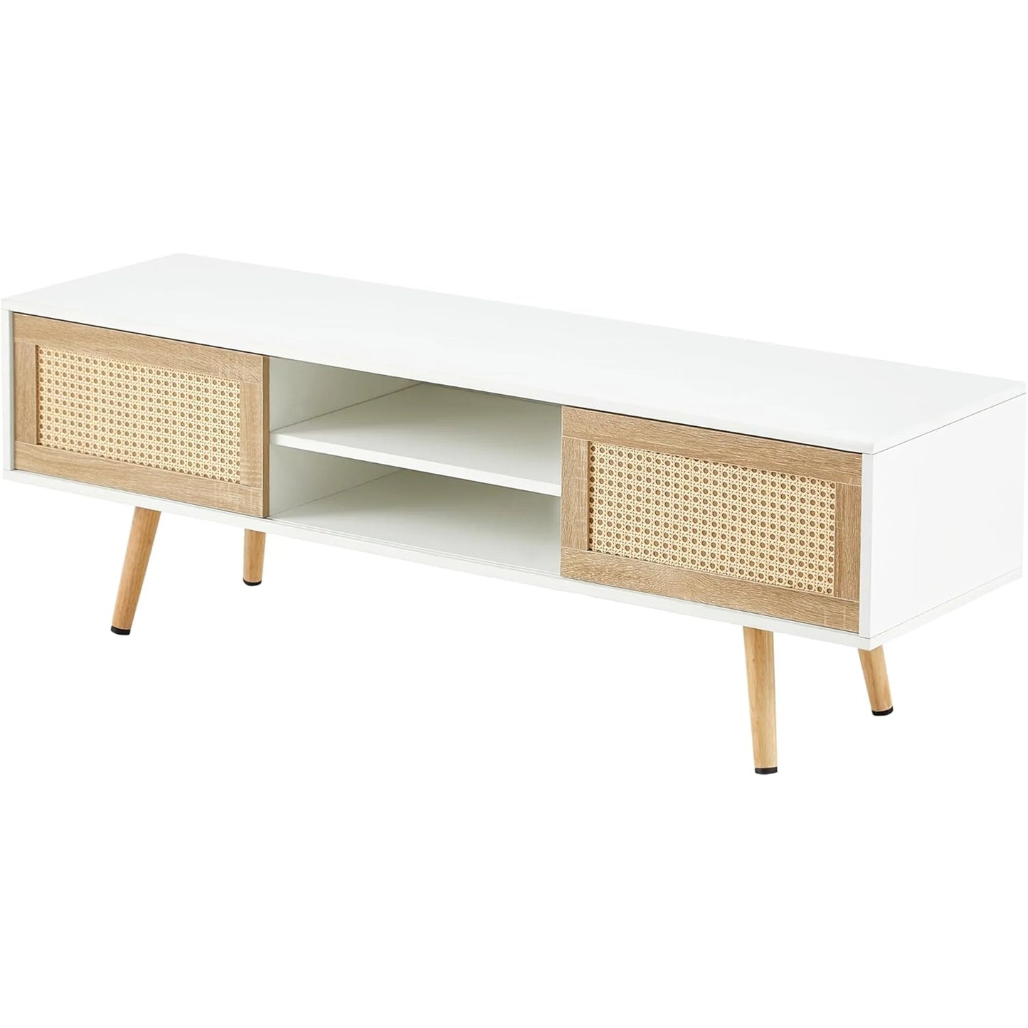 Rattan TV Stand for 65 Inch TV, Boho Entertainment Center with Adjustable Shelves & Metal Frame, Wood TV Media Console with Variable Light Strip for Living Room, White,White Wood