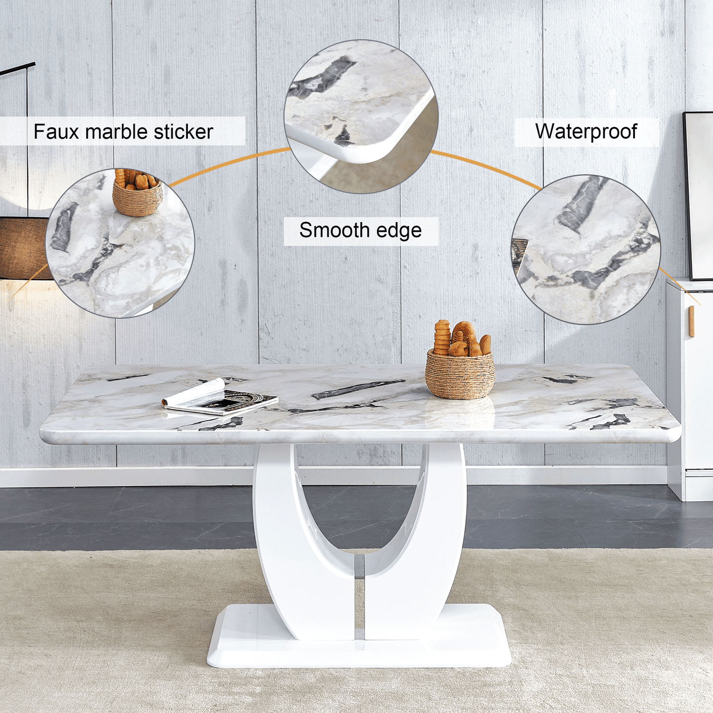 Sudica White Dining Table Set for 6, 71" Marble Kitchen Table with PU Leather Dining Room Chairs, White