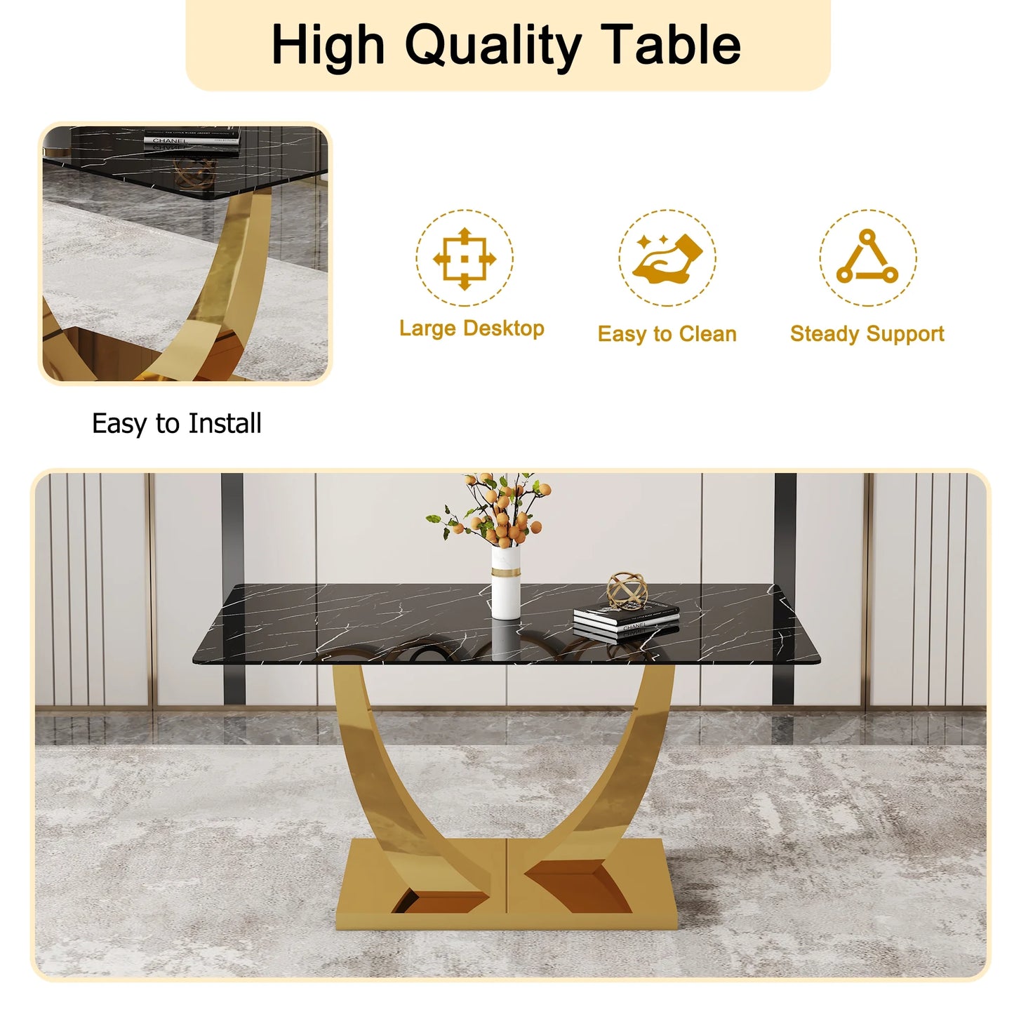 SUDICA 63" Black Glass Dinner Table Set with 6 Faux Leather Chairs, Gold Base, Dining Room