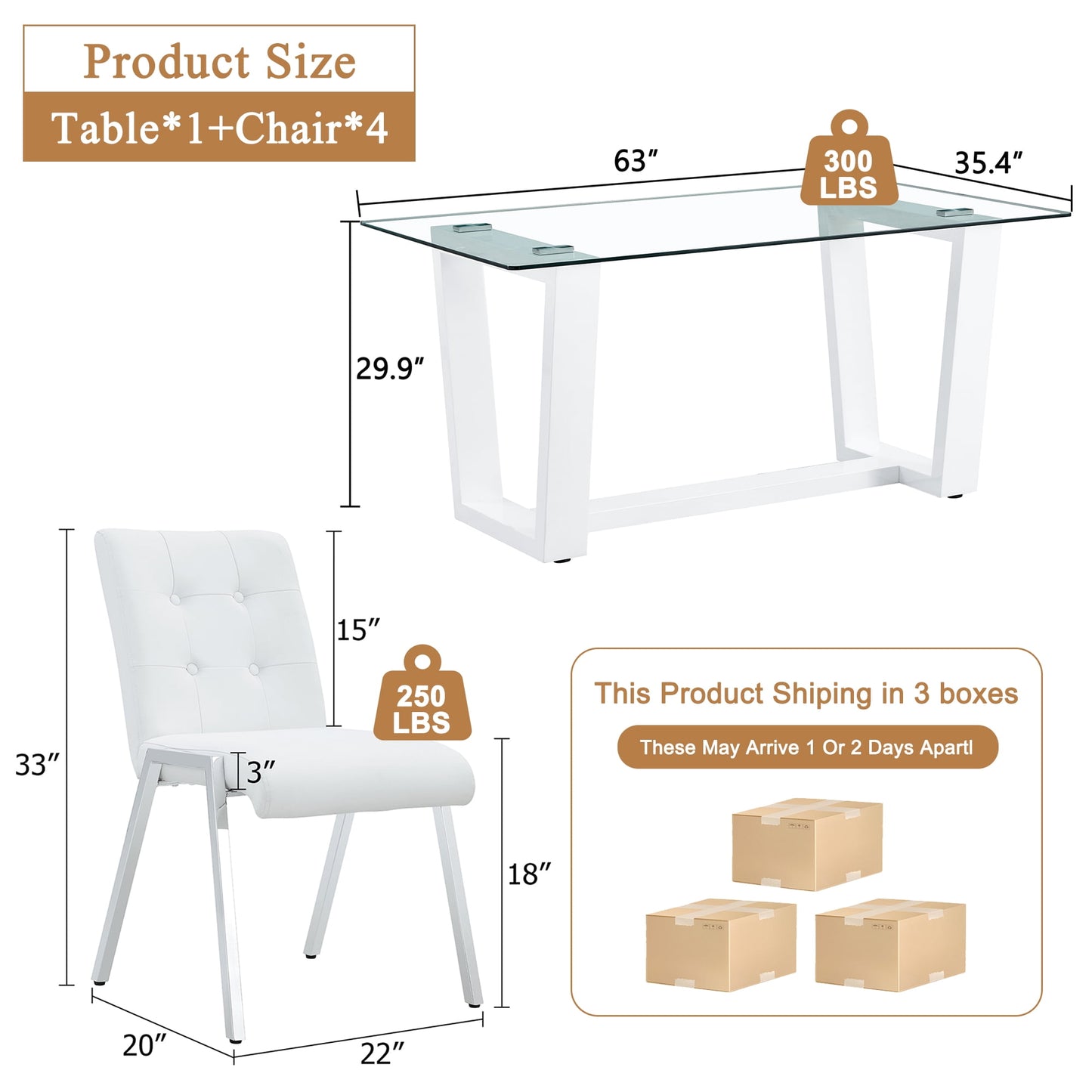 63" Glass Dining Table Set for 4, Sudica White Legs Kitchen Table Set with Upholstered Faux Leather Dining Room Chairs, White