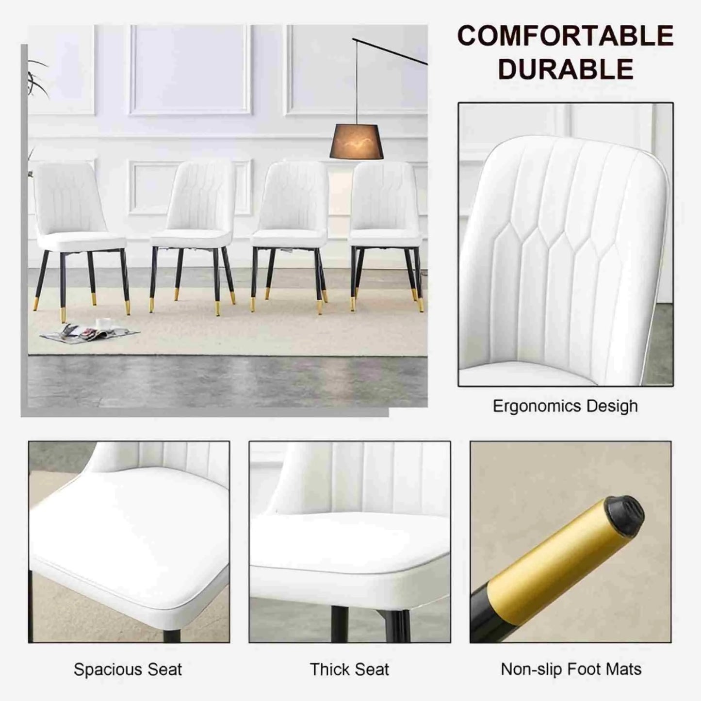 SUDICA Dining Table Set Black Glass Top Gold Base White Faux Leather Chairs for Dinner, 5 Piece