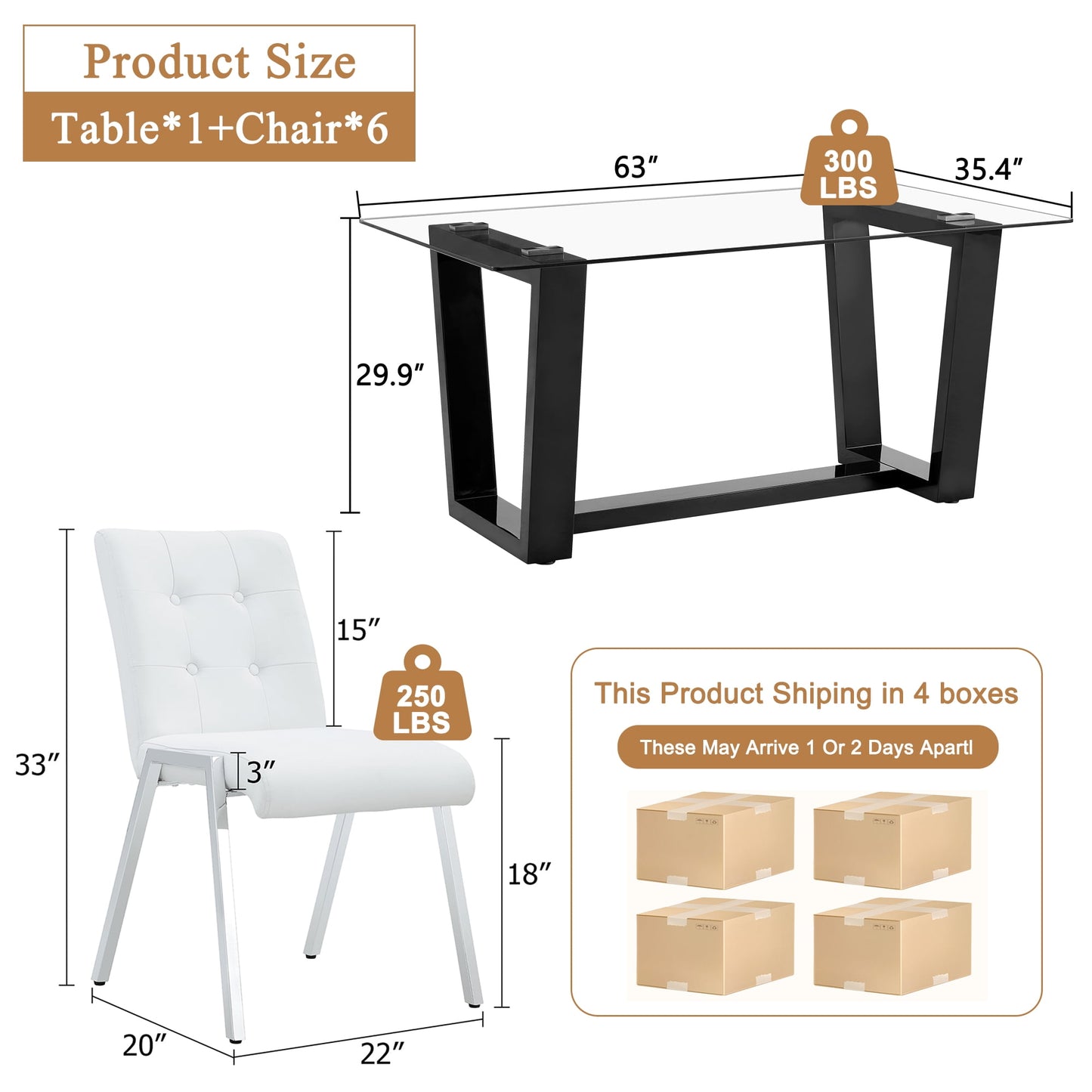 63" Glass Dining Table Set for 6, Sudica Black Legs Kitchen Table Set with Upholstered Faux Leather Dining Room Chairs, White